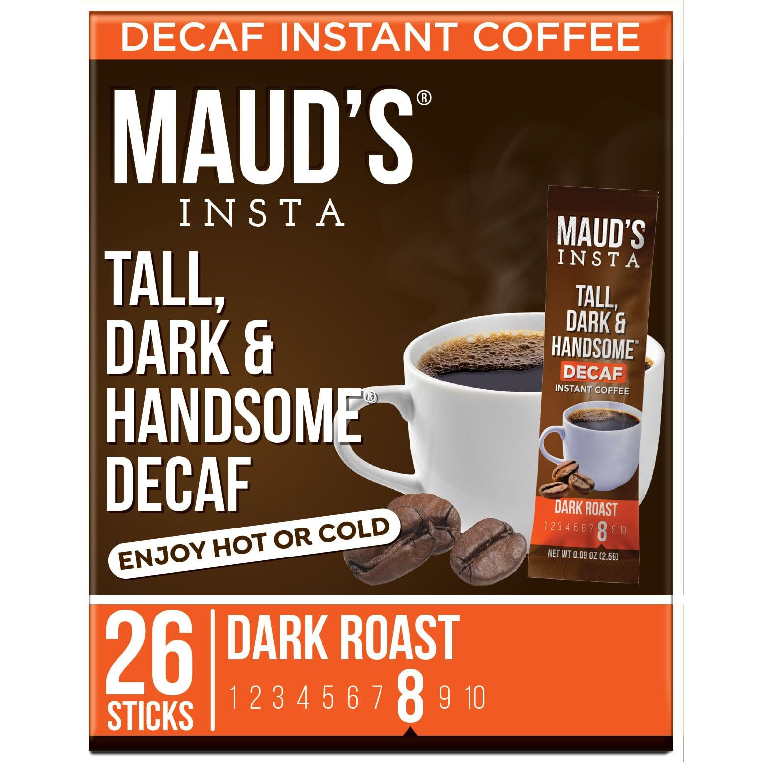 Maud's Dark Roast Decaf Instant Coffee Packets Single Serve, 26 Ct | Decaffinated Tall Dark & Handsome | 100% Arabica Dark Roast Coffee Solar Energy Produced | Instant Coffee Powder Travel Packs