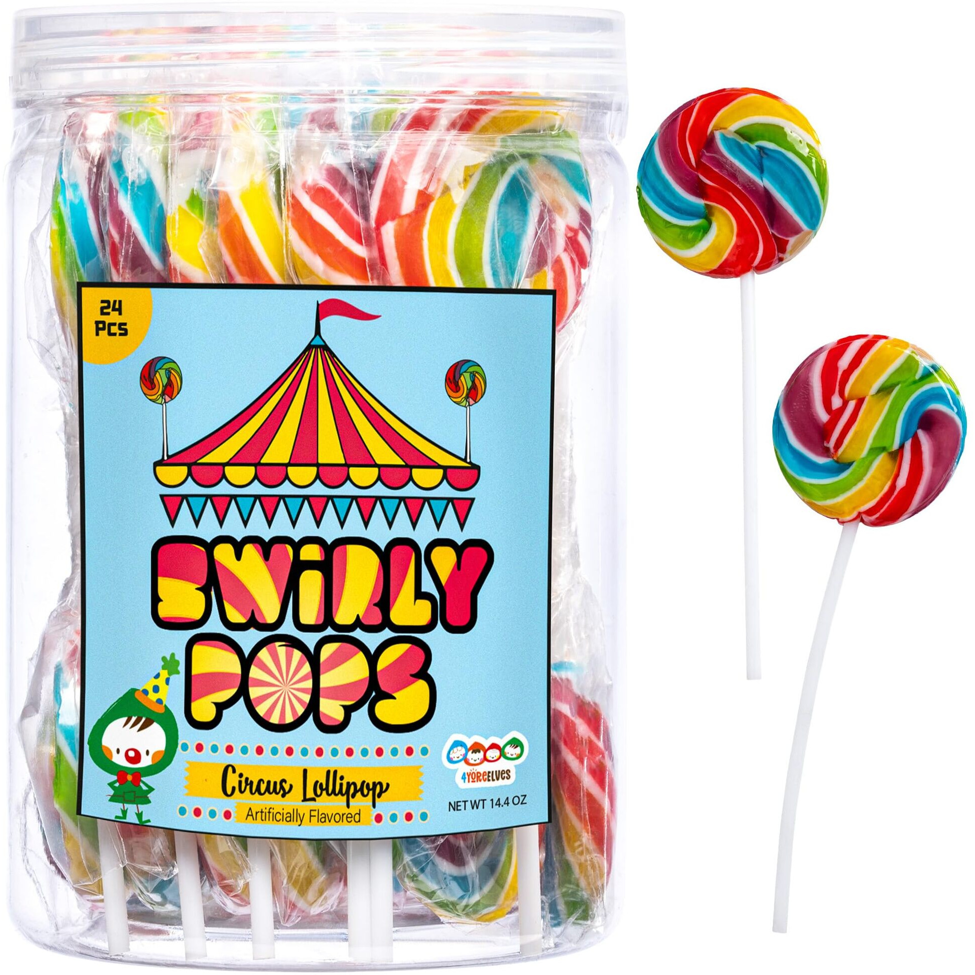 24 Circus Rainbow Lollipops Individually Wrapped, Bursting With Fruity Flavor, Great Swirl Lollipops For Kids Birthday Parties, Party Favor Candy And Cake Toppers, By 4Yoreelves (Pack Of 24)