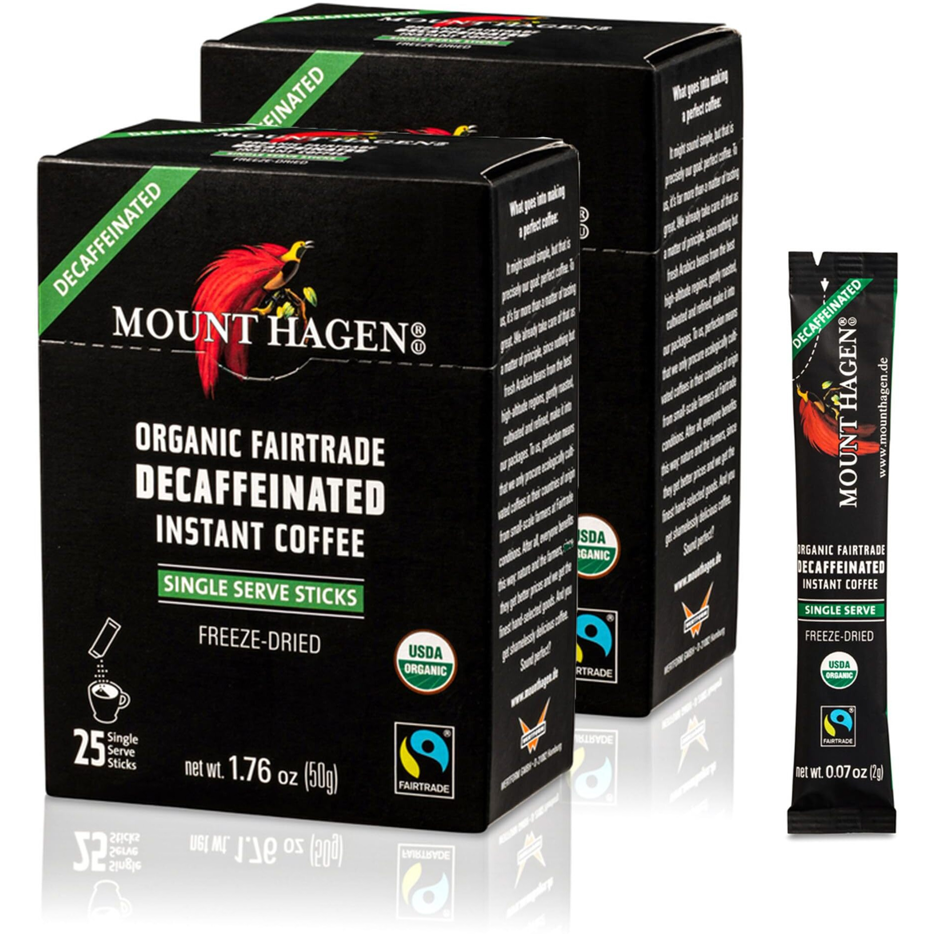 Mount Hagen 25 Count Single Serve Instant Decaf Coffee Packets - 2 Pack | Decaffeinated Organic Medium Roast Arabica Beans | Eco-Friendly, Fair-Trade [2 X 25 Sticks/1.76Oz/50G]