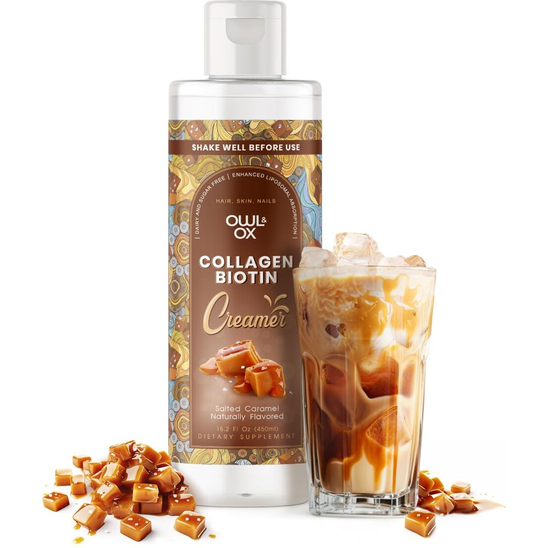 Owl & Ox Collagen Coffee Creamer With Biotin Healthy Hair, Skin And Nails | Liquid Blend, Gluten Free, Sugar Free, Dairy Free, & Keto Friendly | Salted Caramel | 30 Servings