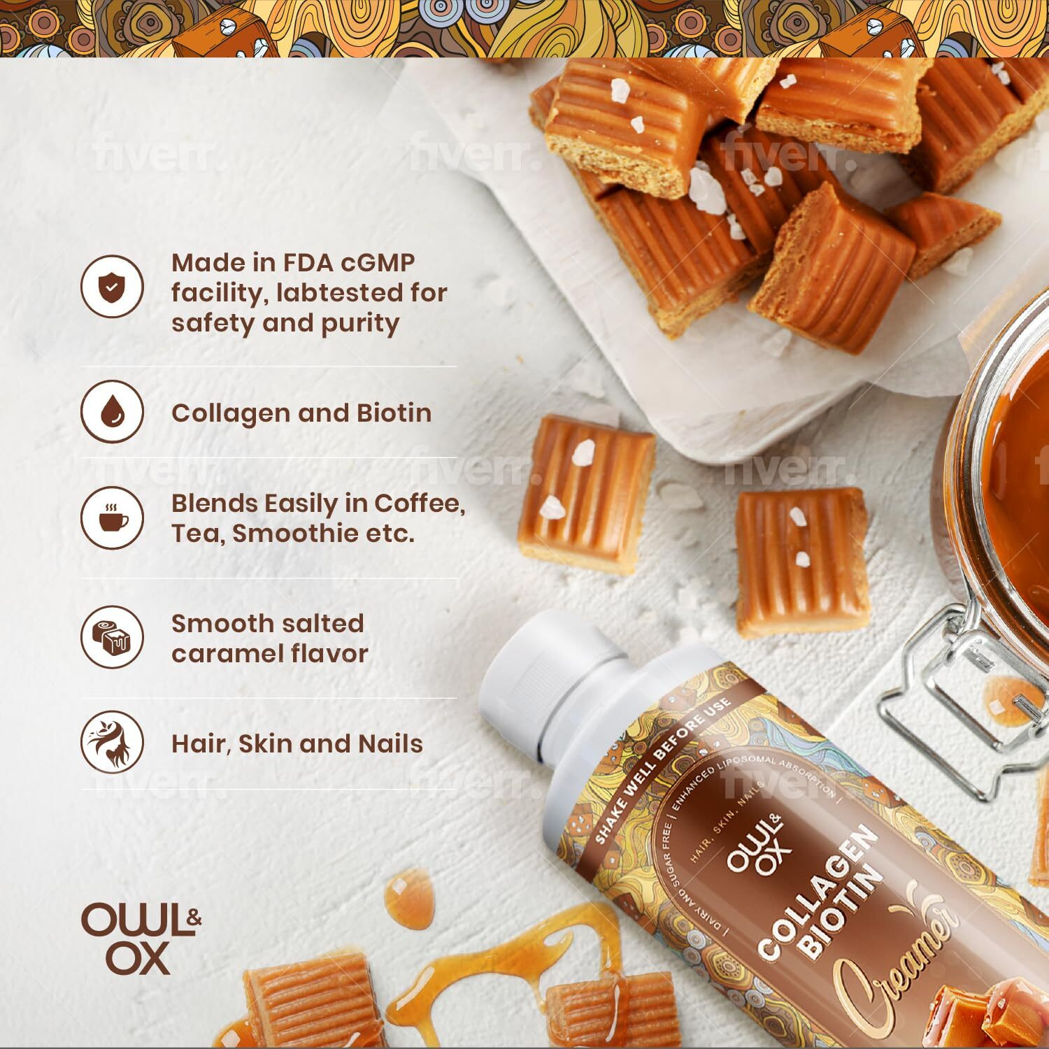 Owl & Ox Collagen Coffee Creamer With Biotin Healthy Hair, Skin And Nails | Liquid Blend, Gluten Free, Sugar Free, Dairy Free, & Keto Friendly | Salted Caramel | 30 Servings