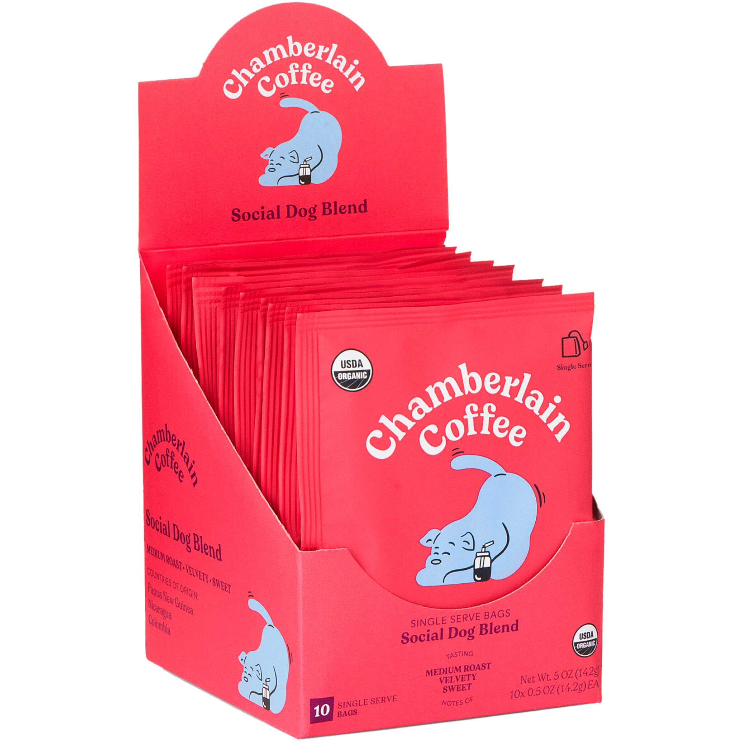 Chamberlain Coffee Social Dog Blend Cold Brew Singles - Full Bodied, Medium Roast Organic Coffee Single Serve Bags With Notes Of Sweet Milk Chocolate, Roasted Peanuts, Velvety Brown Sugar & Graham