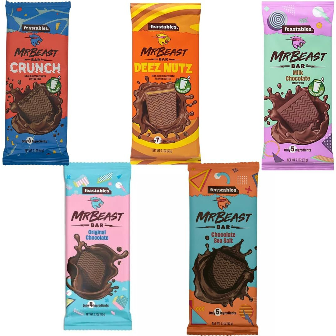 Feastables Mr Beast Chocolate Bars - New Deez Nuts Peanut Butter Crunch Chocolate, Milk Chocolate, Original Chocolate, Milk Chocolate, Sea Salt Chocolate Bars (5 Pack)