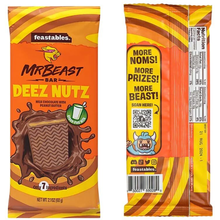 Feastables Mr Beast Chocolate Bars - New Deez Nuts Peanut Butter Crunch Chocolate, Milk Chocolate, Original Chocolate, Milk Chocolate, Sea Salt Chocolate Bars (5 Pack)