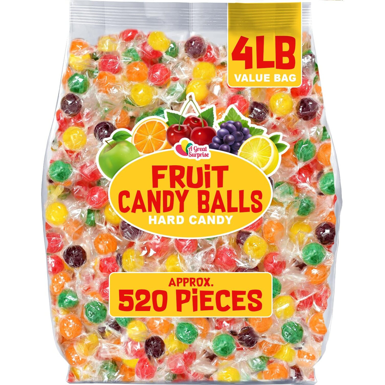 Hard Candy Fruit Balls - 4 Pounds - Individually Wrapped Bulk Candy - Fruity Hard Candies For Office, Desk, Calssroom - Colorful Variety Candy Suckers - Assorted Flavors Orange, Lemon, Grape, Green Apple, Cherry