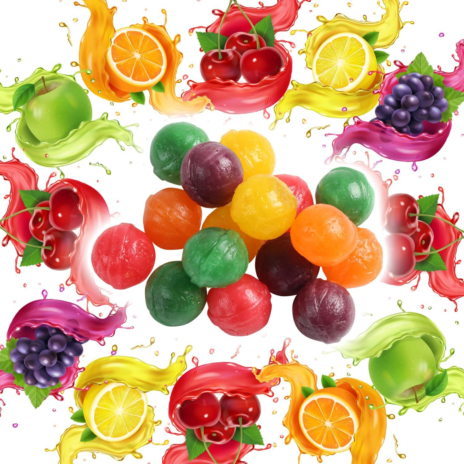 Hard Candy Fruit Balls - 4 Pounds - Individually Wrapped Bulk Candy - Fruity Hard Candies For Office, Desk, Calssroom - Colorful Variety Candy Suckers - Assorted Flavors Orange, Lemon, Grape, Green Apple, Cherry