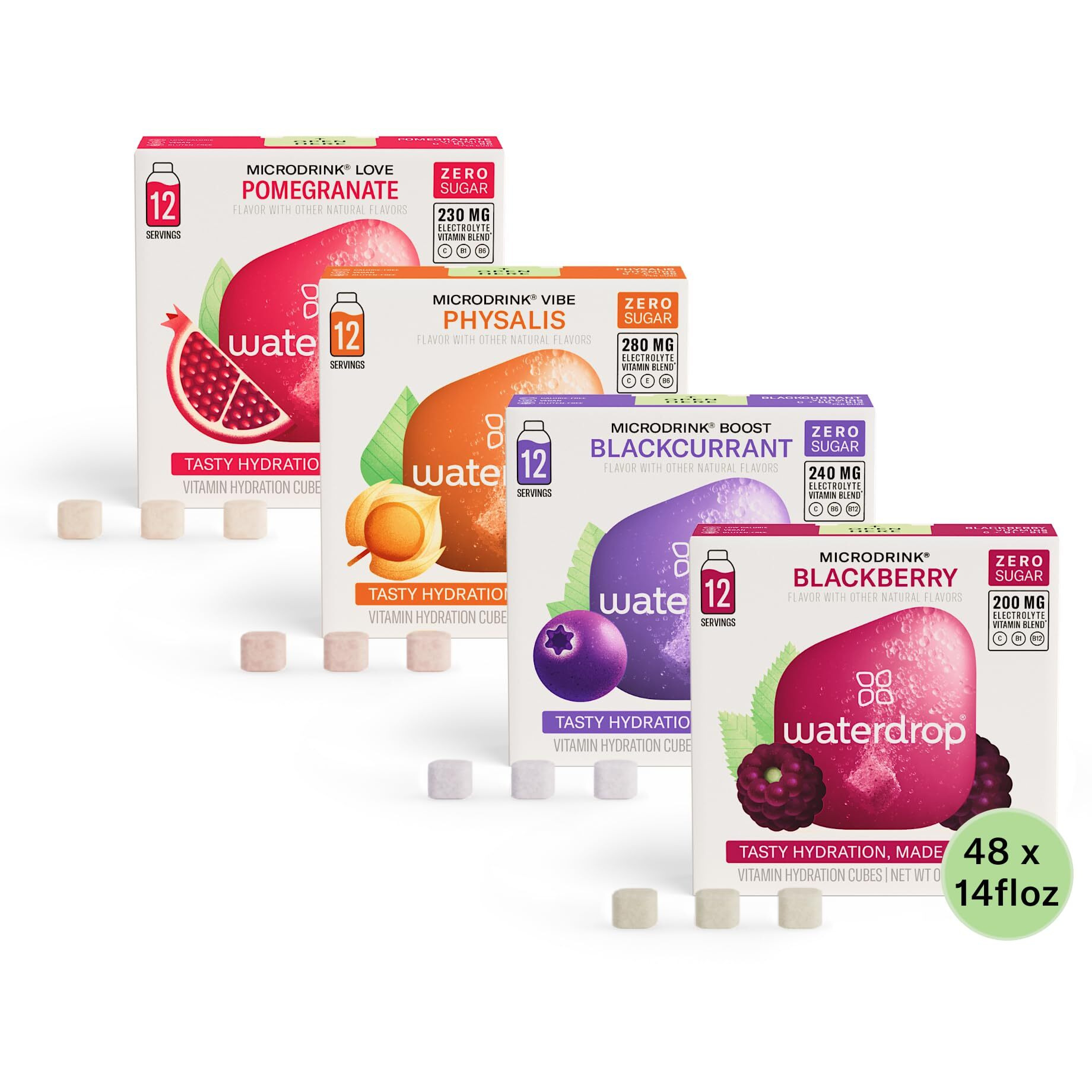 Waterdrop Hydration Cubes, Berry Variety Pack, Vitamin C, E, B1, B6, B8 & B12 & Electrolyte Drops For Still & Sparkling Water, On The Go, Low Calorie, Zero Sugar, Gluten Free, Non Gmo, Vegan, 48 Ct
