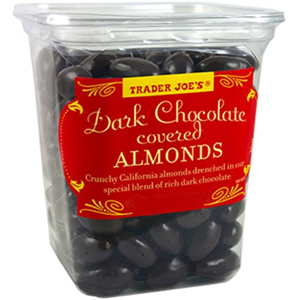 Trader Joe's Dark Chocolate Almonds Crunchy California Almonds Drenched In Rich Dark Chocolate No Gluten Ingedients...