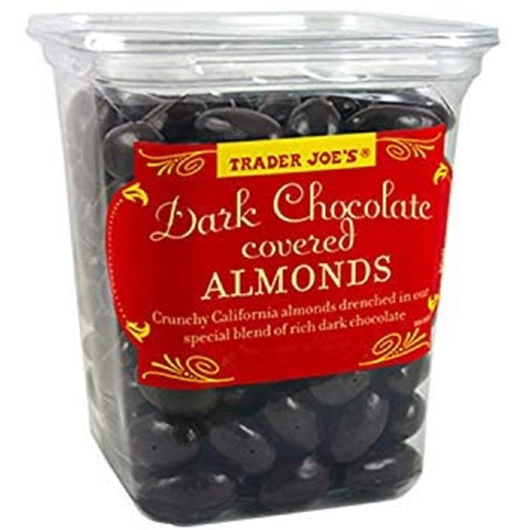 Trader Joe's Dark Chocolate Almonds Crunchy California Almonds Drenched In Rich Dark Chocolate No Gluten Ingedients...
