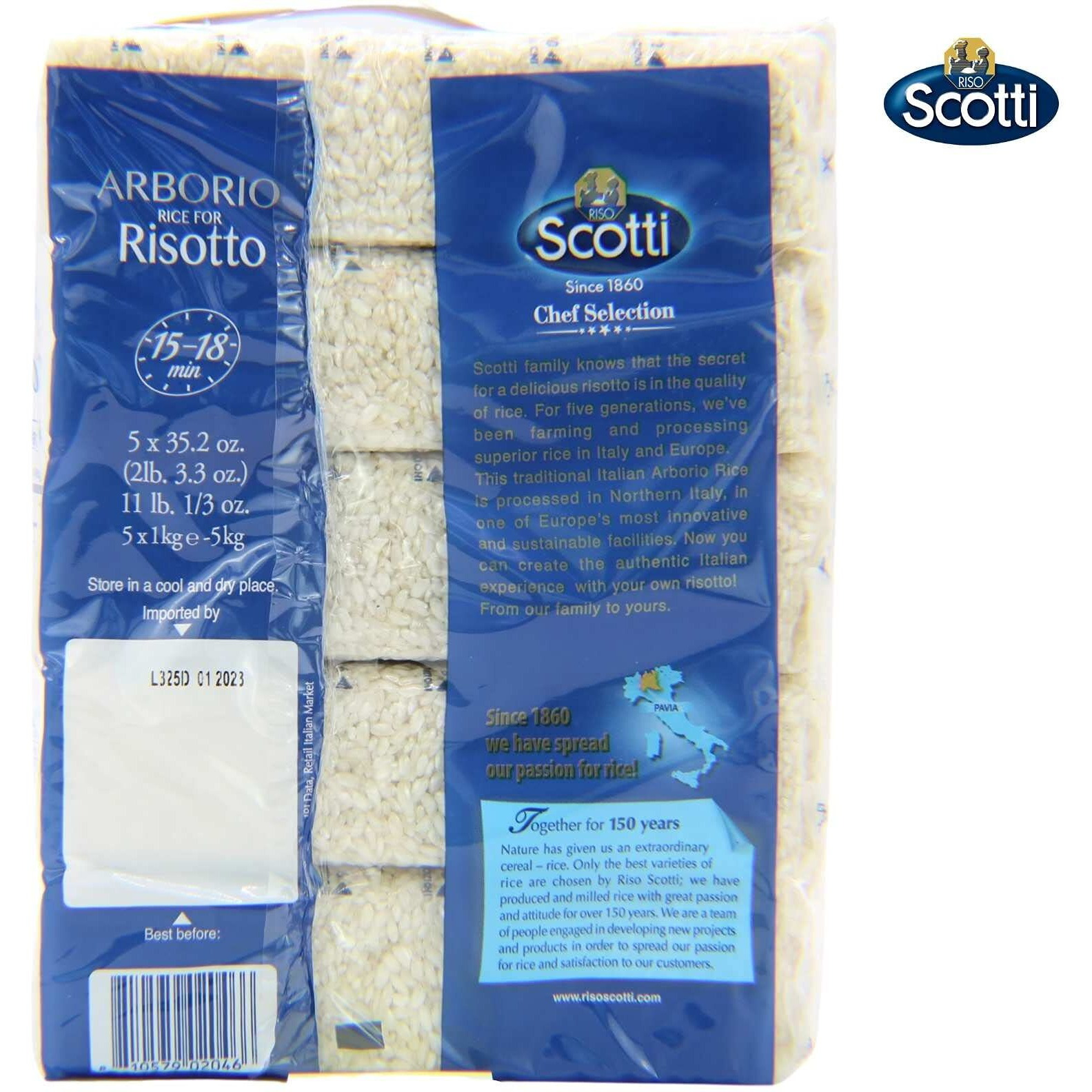 Arborio Rice For Risotto, 11 Lbs (5X1 Kg) Product Of Italy, Chef Selection, Gluten Free, Non-Gmo, Vacuumed Packed, Riso Scotti