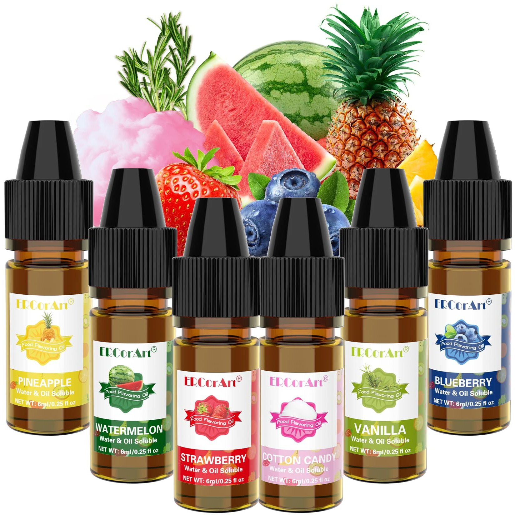 Food Flavoring Oil - Concentrated Candy Flavors, 6 Liquid Lip Gloss Flavoring Oil, Cotton Candy Pineapple Flavor Oil For Baking, Cooking, Slime Making, Drinks, Water & Oil Soluble - 0.25 Fl Oz