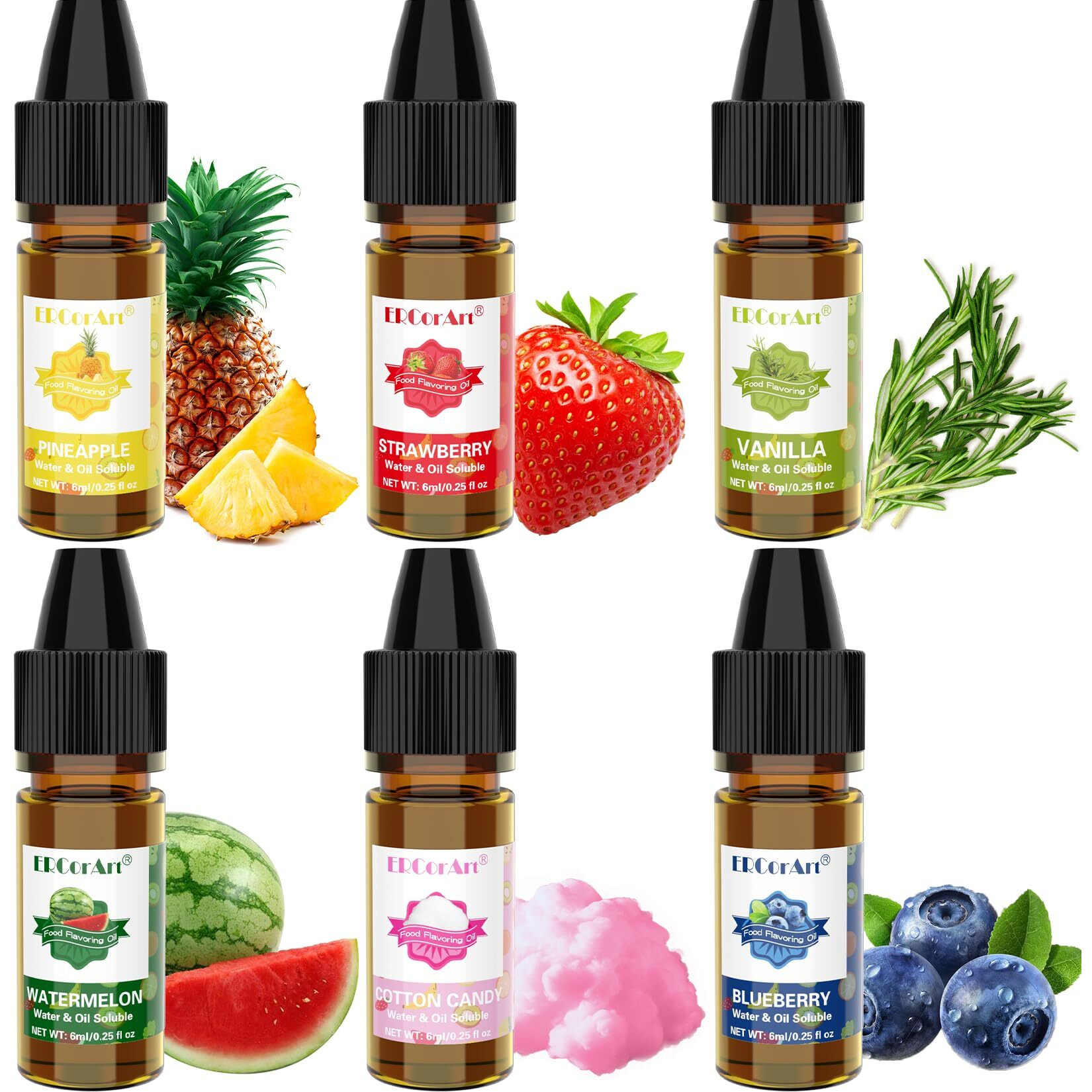 Food Flavoring Oil - Concentrated Candy Flavors, 6 Liquid Lip Gloss Flavoring Oil, Cotton Candy Pineapple Flavor Oil For Baking, Cooking, Slime Making, Drinks, Water & Oil Soluble - 0.25 Fl Oz