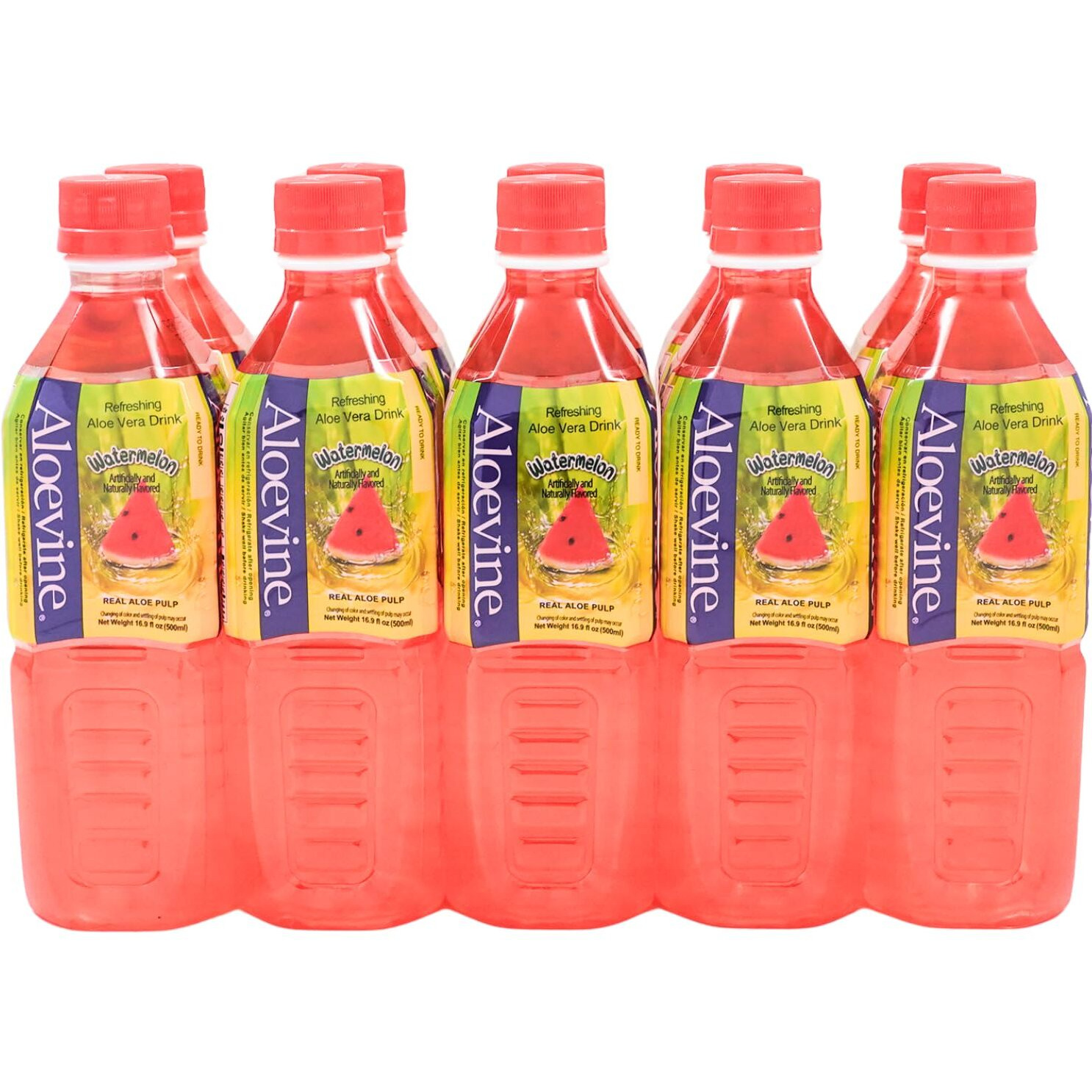Aloevine Aloe Vera Juice Drink Watermelon Pure With Chunks Of Aloe | 16.9 Oz 10 Pack | Plant Based Vegetable Korean Drinks