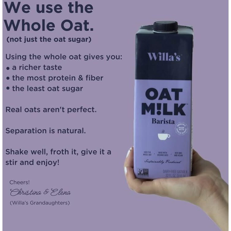 Willa's Organic Oat Milk - Unsweetened Oat Milk, Shelf Stable Milk, Organic Non Gmo Oat Milk Unsweetened, Low Sugar Oatmilk (1G), Non Dairy Milk Made From Whole Grain Oats, 32 Oz - Pack Of 6