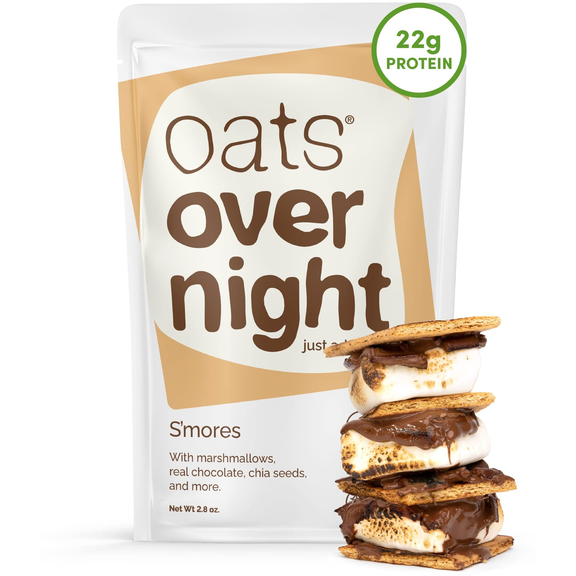 Oats Overnight Smores - Overnight Oats With 22G Protein, High Fiber Breakfast Protein Shake - Gluten Free Oatmeal, Non Gmo High Protein Oatmeal (2.8 Oz Per Meal) (8 Pack)