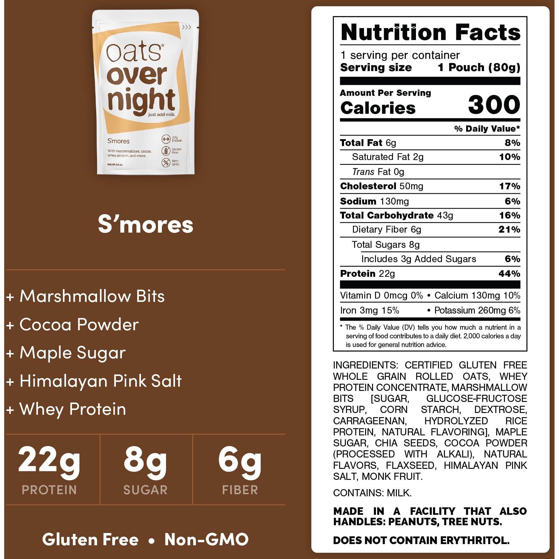 Oats Overnight Smores - Overnight Oats With 22G Protein, High Fiber Breakfast Protein Shake - Gluten Free Oatmeal, Non Gmo High Protein Oatmeal (2.8 Oz Per Meal) (8 Pack)