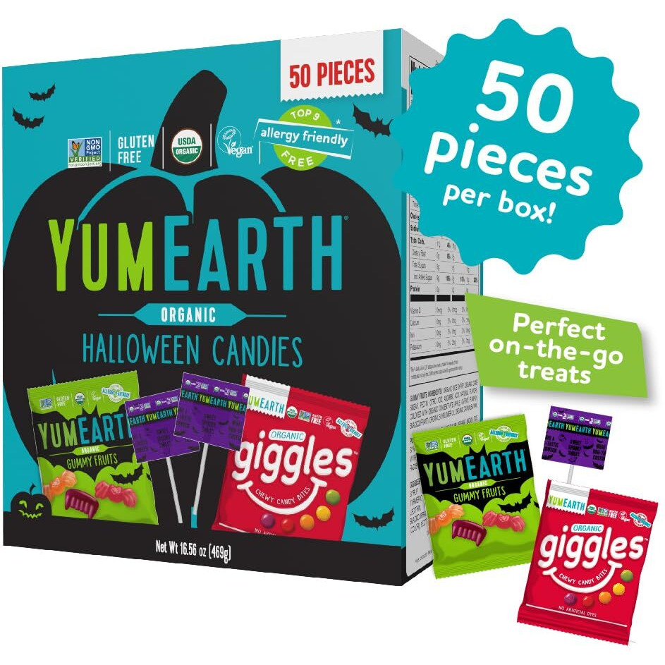 Yumearth Organic Halloween Variety Box - Allergy Friendly (Top 9 Free), No Artificial Dyes Or Flavors, Non Gmo, Gluten Free, Vegan Candy Snacks, Individually Wrapped (Pack Of 50)