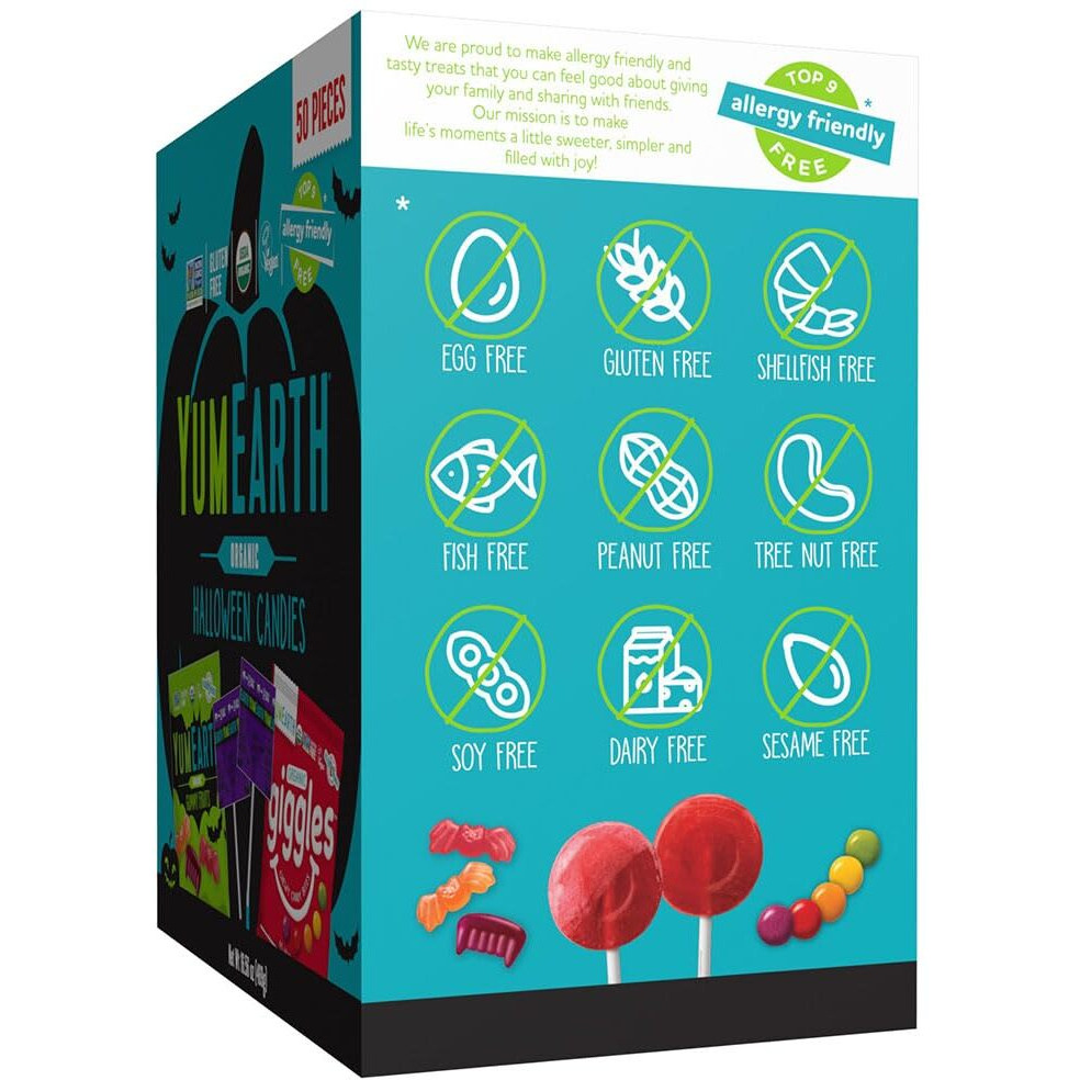 Yumearth Organic Halloween Variety Box - Allergy Friendly (Top 9 Free), No Artificial Dyes Or Flavors, Non Gmo, Gluten Free, Vegan Candy Snacks, Individually Wrapped (Pack Of 50)