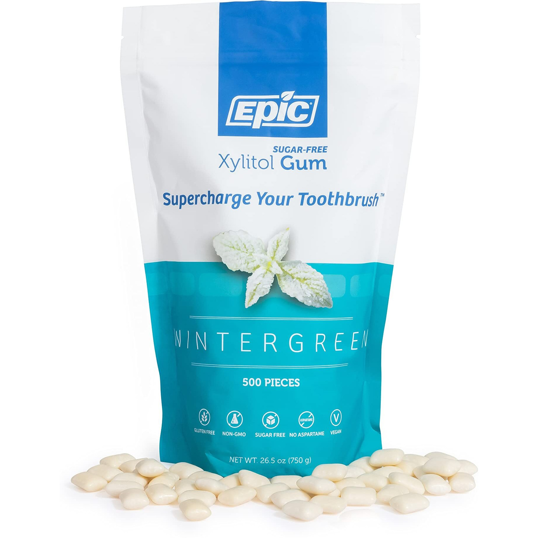 Epic Xylitol Chewing Gum - Sugar Free & Aspartame Free Chewing Gum Sweetened W/Xylitol For Dry Mouth & Gum Health (Wintergreen, 500-Piece Bag, 1 Bag)
