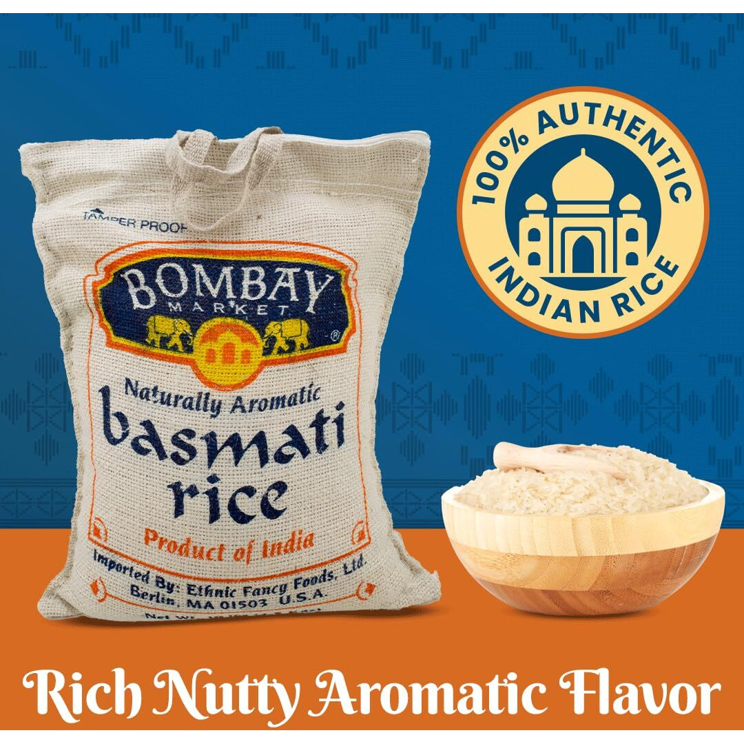 Bombay Market White Basmati Rice - Aromatic & Nutty Flavor Basmati Rice - Long Grain Rice Basmati (10 Pound Bag)