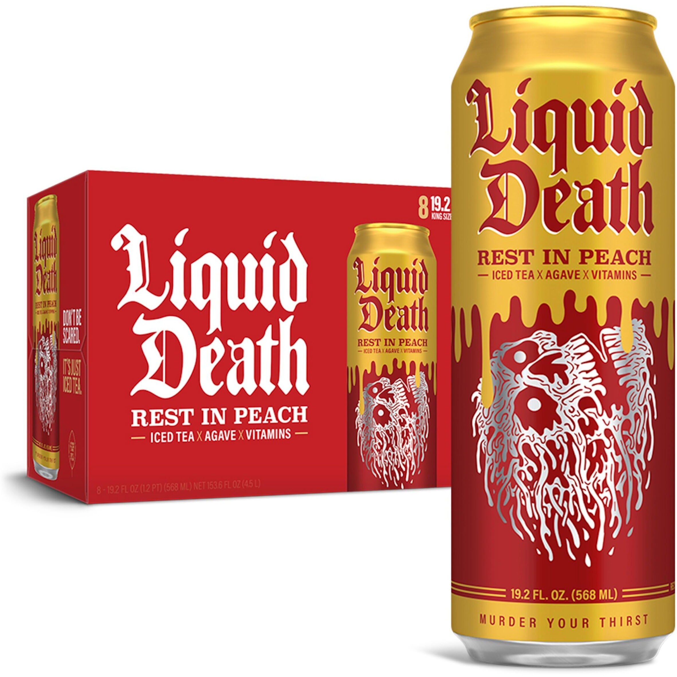 Liquid Death, Rest In Peach Iced Tea, 8-Pack (King Size 19.2Oz Cans), Peach Flavored Tea Sweetened With Real Agave, B12 & B6 Vitamins, Low Calorie & Low Sugar