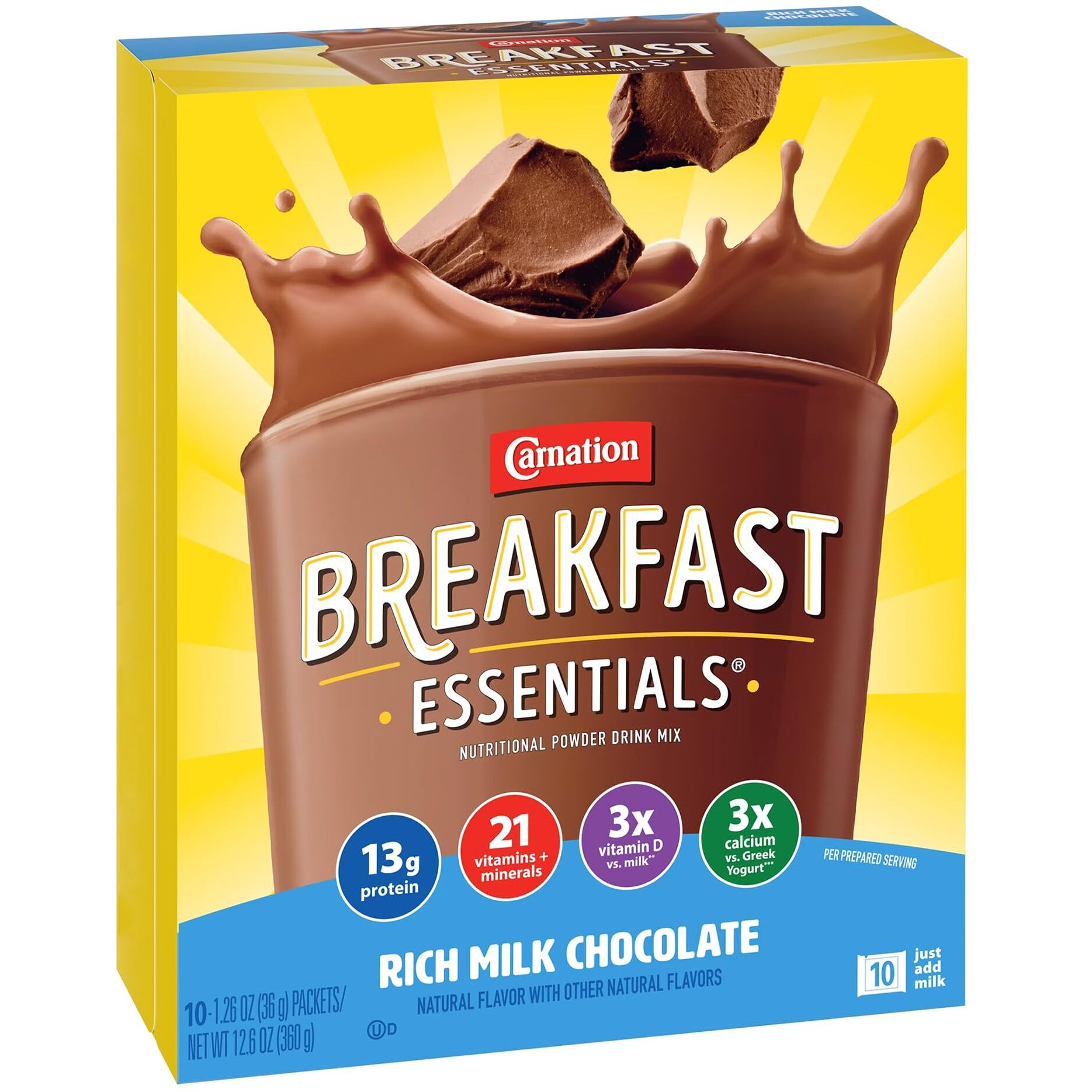 Carnation Breakfast Essentials Powder Drink Mix, Rich Milk Chocolate, 10 Count Box Of 1.26 Ounce Packets (Pack Of 6)