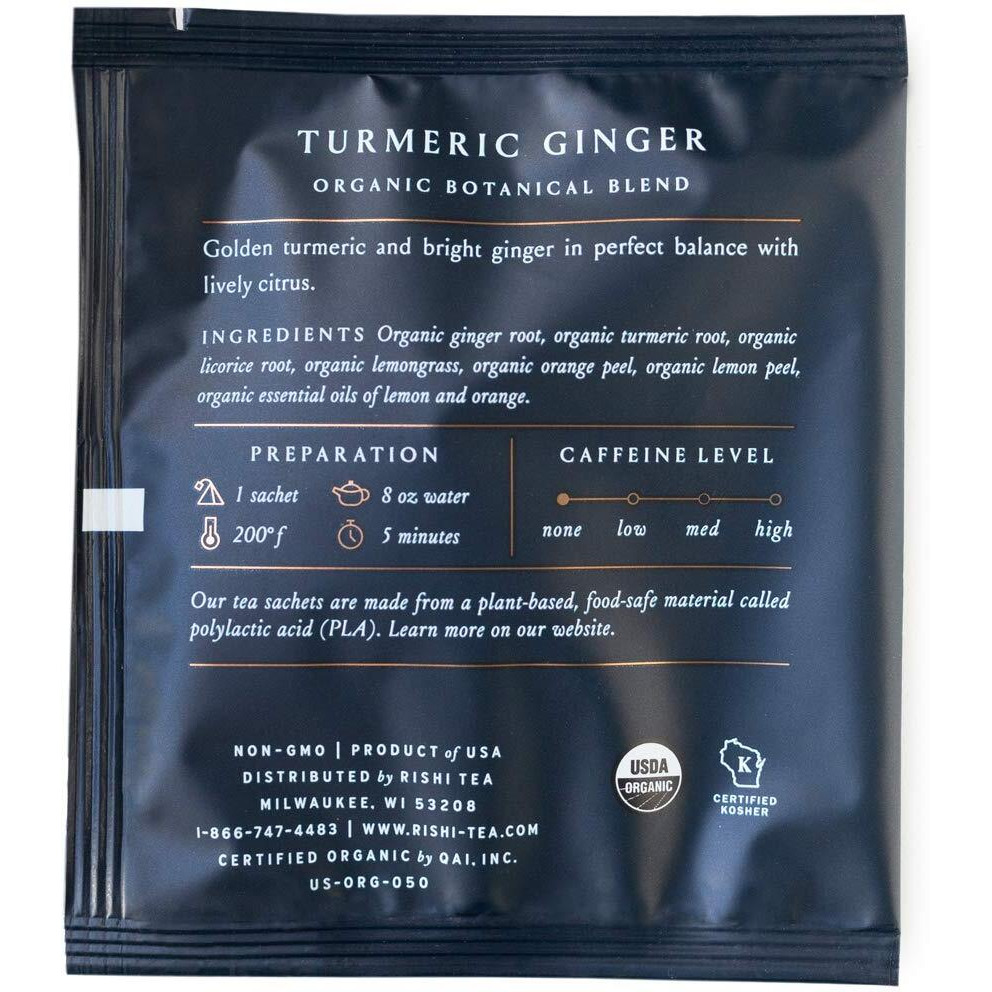 Rishi Tea Turmeric Ginger Herbal Tea | Immune Support, Usda Certified Organic, Caffeine-Free, Ayurvedic, Energy-Boosting, Citrus Flavors For Taste | 50 Sachet Tea Bags