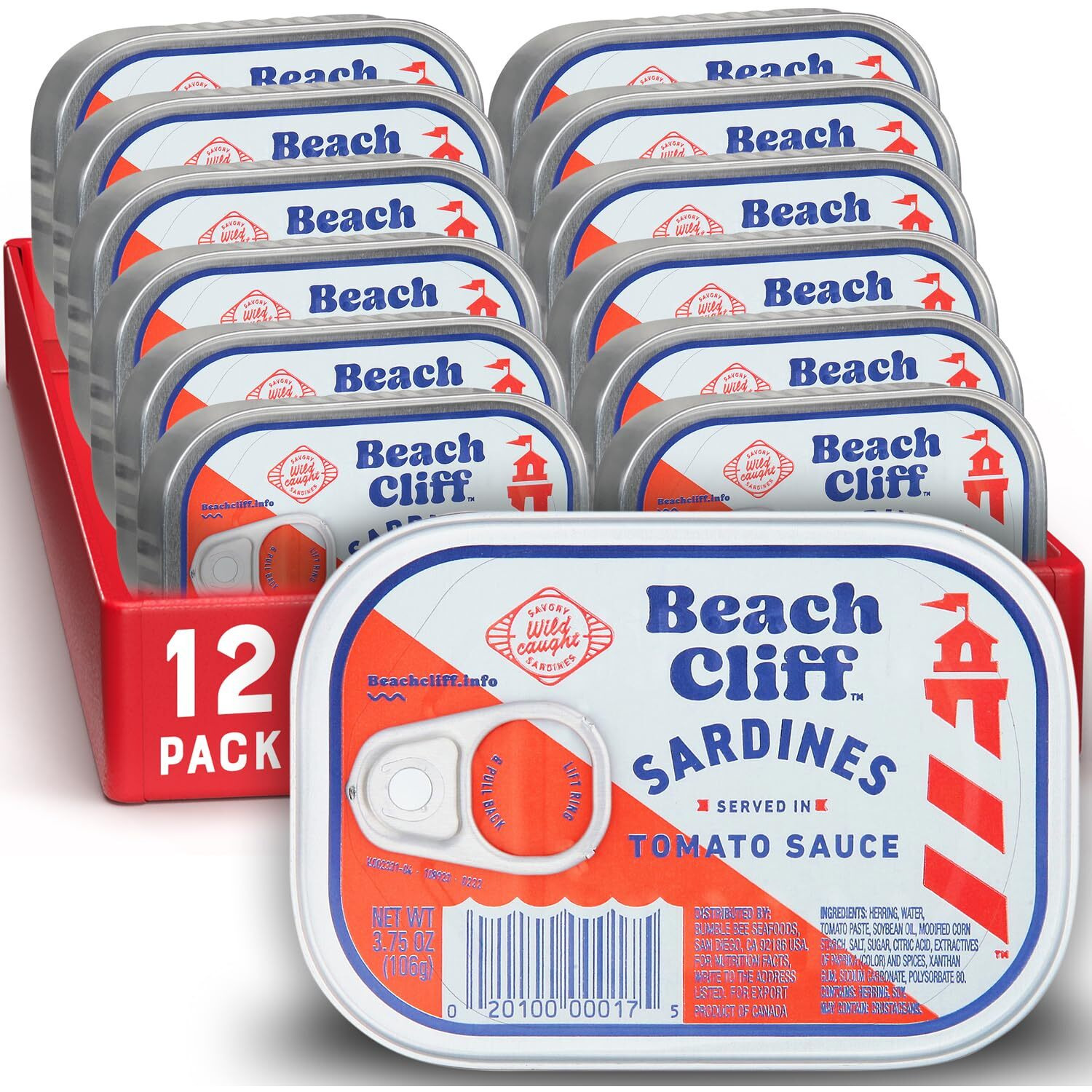 Beach Cliff Wild Caught Sardines In Tomato Sauce, 3.75 Oz Can (Pack Of 12) - 16G Protein Per Serving - Gluten Free, Keto Friendly - Great For Pasta & Seafood Recipes