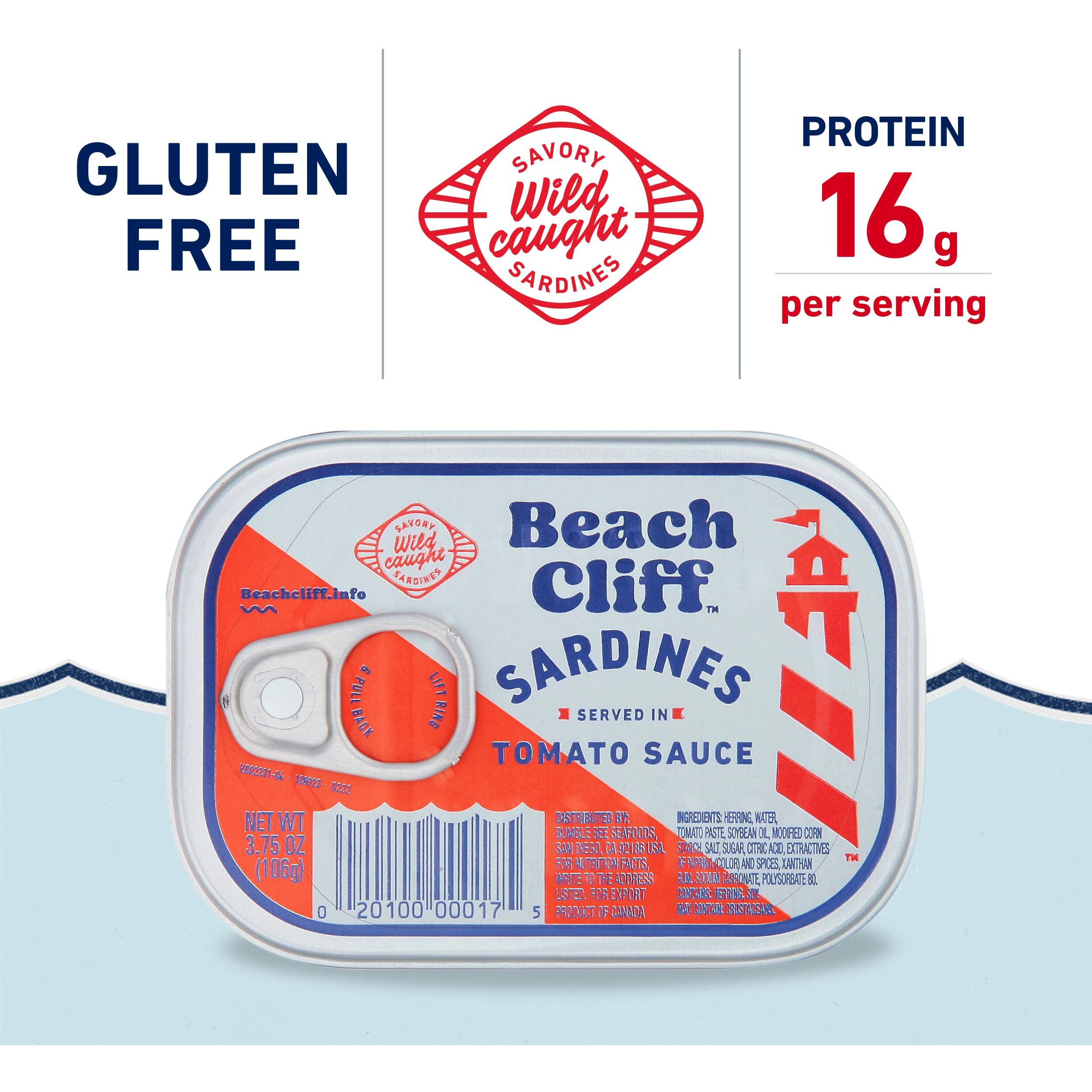 Beach Cliff Wild Caught Sardines In Tomato Sauce, 3.75 Oz Can (Pack Of 12) - 16G Protein Per Serving - Gluten Free, Keto Friendly - Great For Pasta & Seafood Recipes