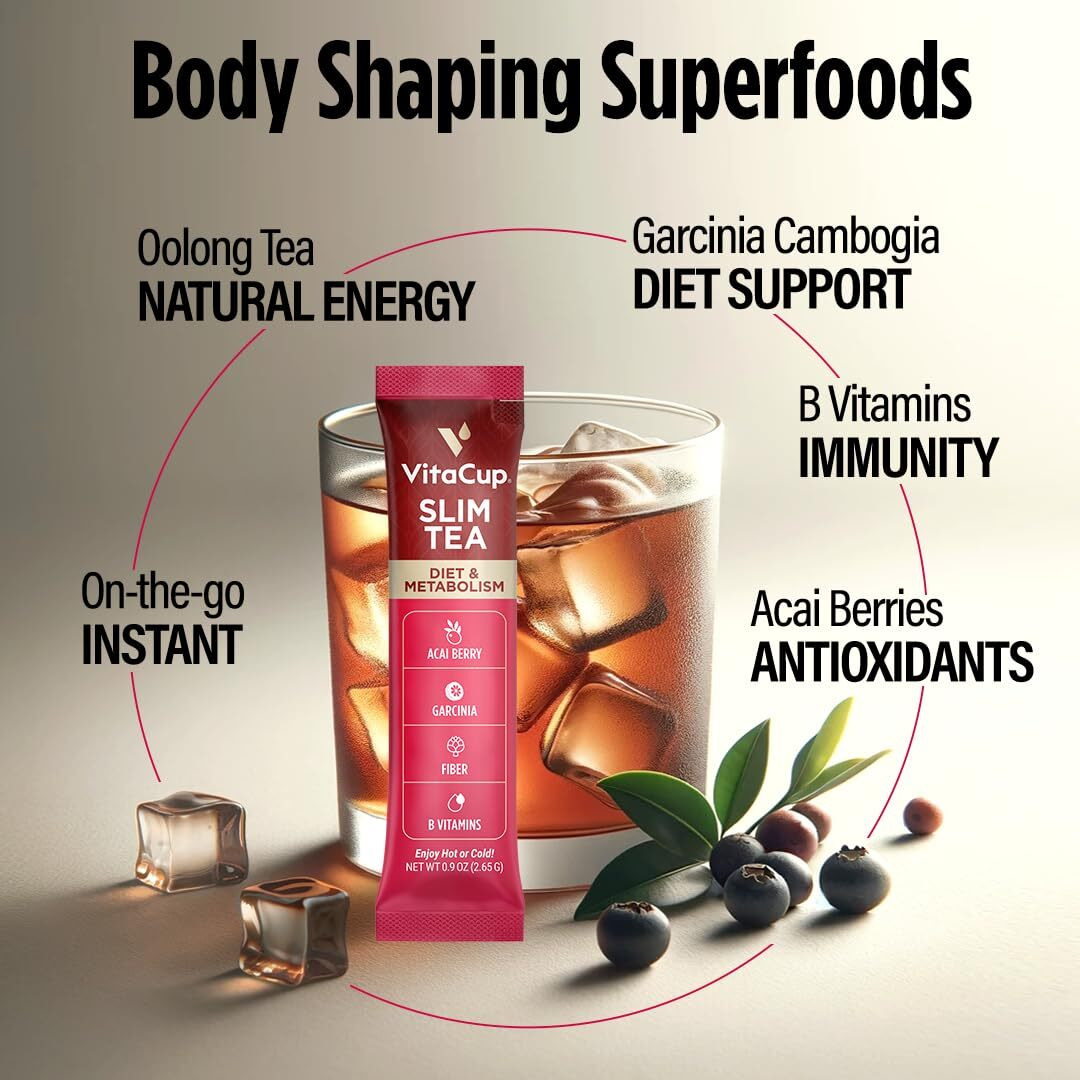 Vitacup Slim Instant Tea Packets For Diet Support, Oolong Tea W/B Vitamins, Garcinia, Inulin & Acai, On-The-Go Instant Sticks, 48 Ct