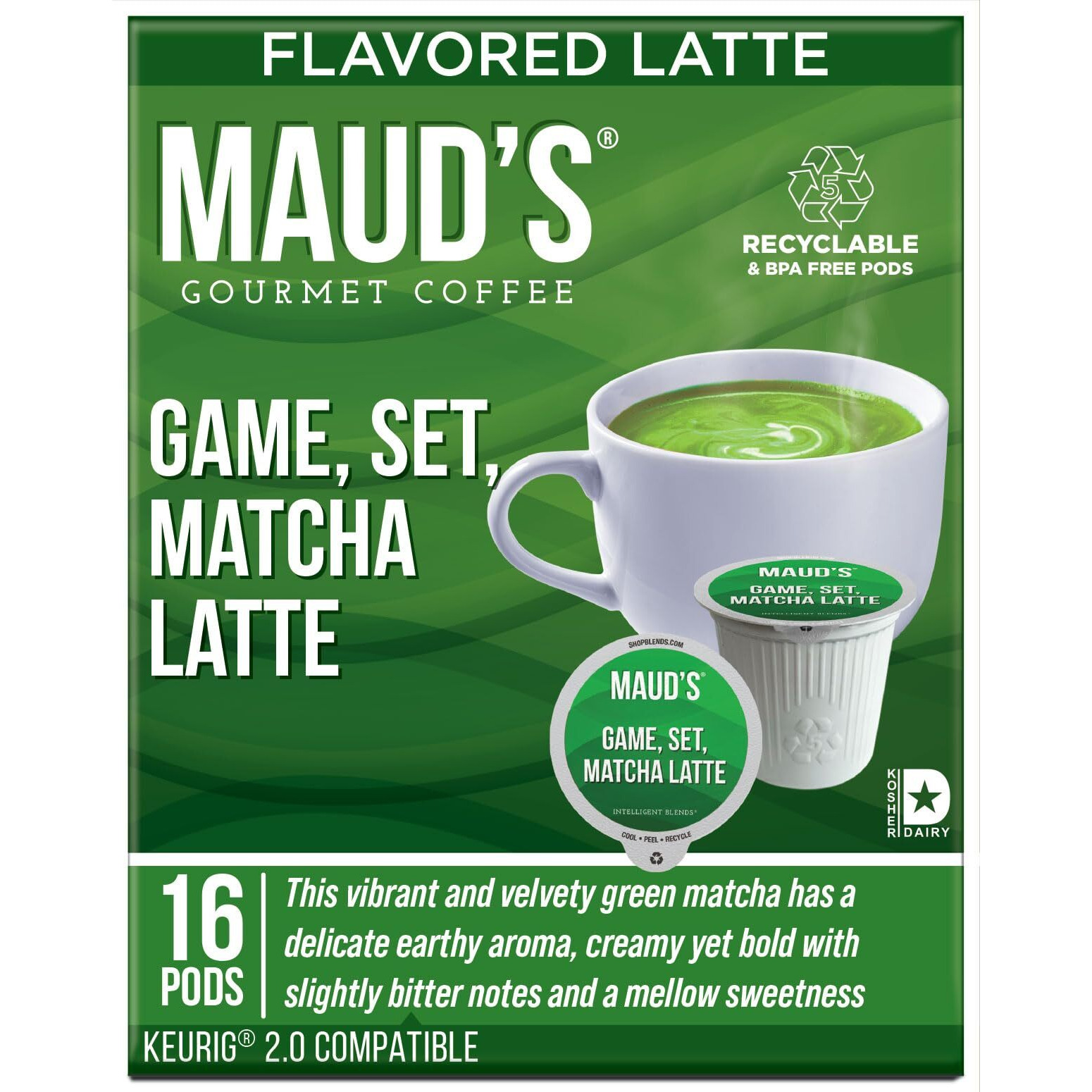 Maud's Matcha Latte Pods, 16 Ct | Game, Set, Matcha Latte | Creamy, Delicate & Earthy | Solar Energy Produced Recyclable Single Serve Matcha Latte Pods Compatible With Keurig K-Cup Brewers