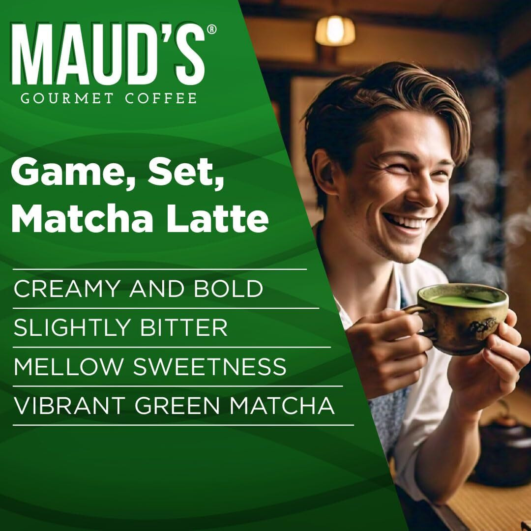 Maud's Matcha Latte Pods, 16 Ct | Game, Set, Matcha Latte | Creamy, Delicate & Earthy | Solar Energy Produced Recyclable Single Serve Matcha Latte Pods Compatible With Keurig K-Cup Brewers