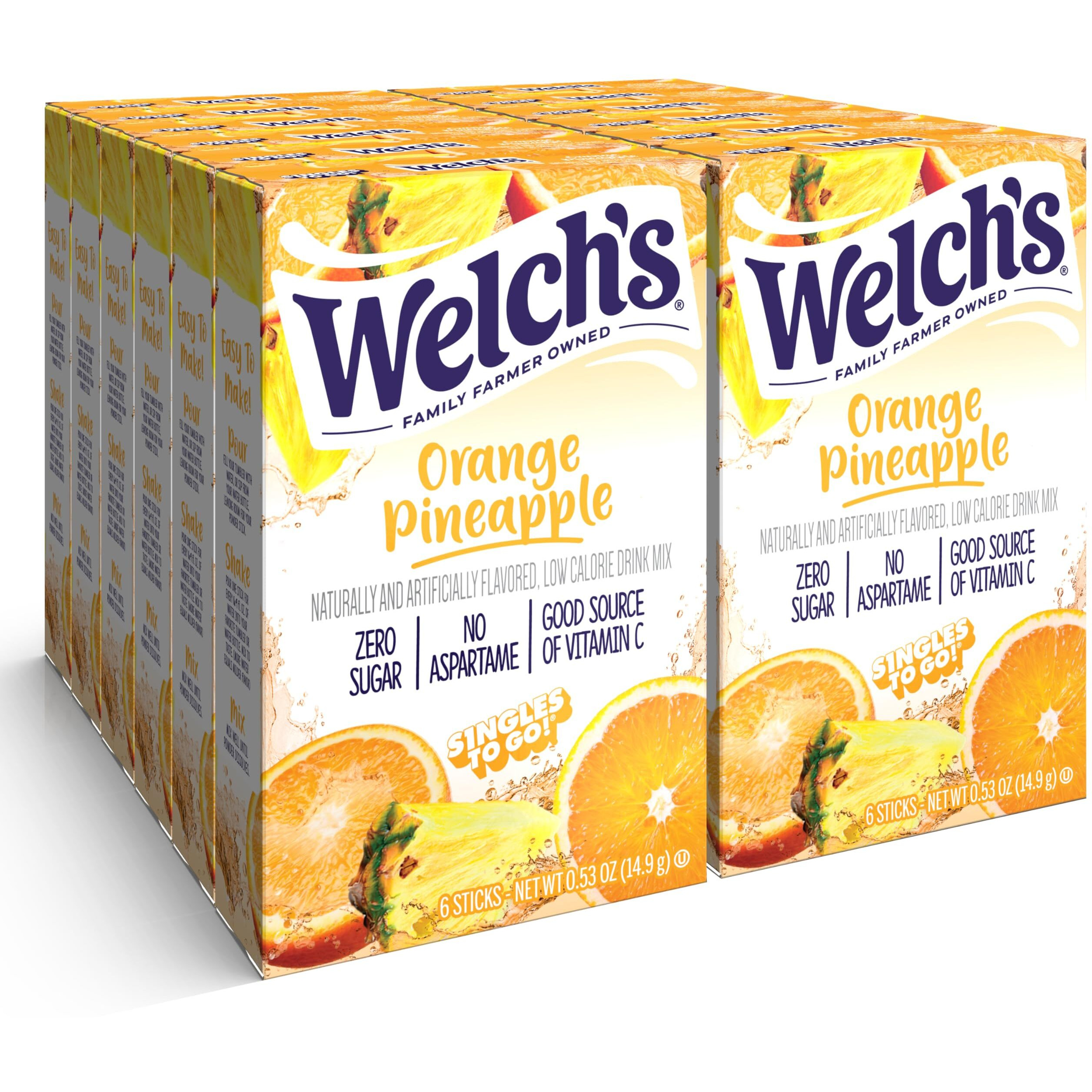 Welch's Singles To Go Water Drink Mix - Powder Sticks, 12 Boxes With 6 Packets Each - 72 Total Servings, Orange Pineapple, Pack Of 12