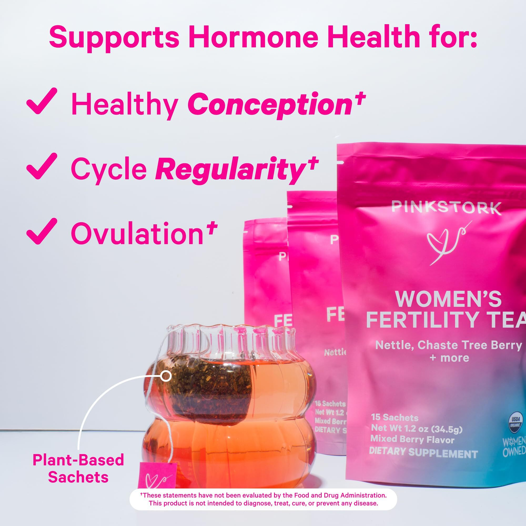 Pink Stork Organic Fertility Tea For Women With Chaste Tree Berries (Vitex) To Support Conception For Her - Hormone Balance With Mint And Red Raspberry Leaf, 15 Sachets