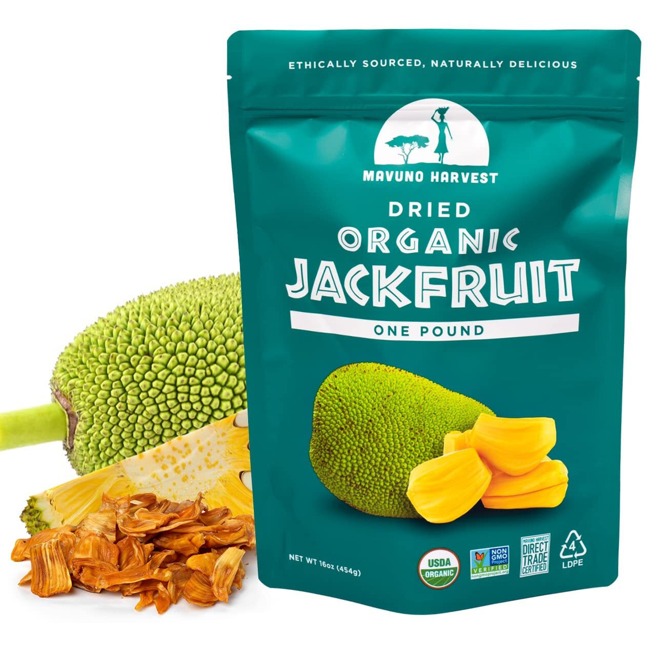 Mavuno Harvest Jackfruit Dried Fruit Snacks | Unsweetened Organic Dried Jackfruit Chips | Gluten Free Healthy Snacks For Kids And Adults | Vegan, Non Gmo, Direct Trade | 1 Pound Bag
