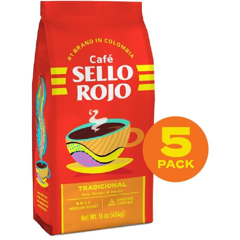 Sello Rojo, Tradicional Medium Roast Ground Coffee Bag, 16 Oz, Pack Of 5