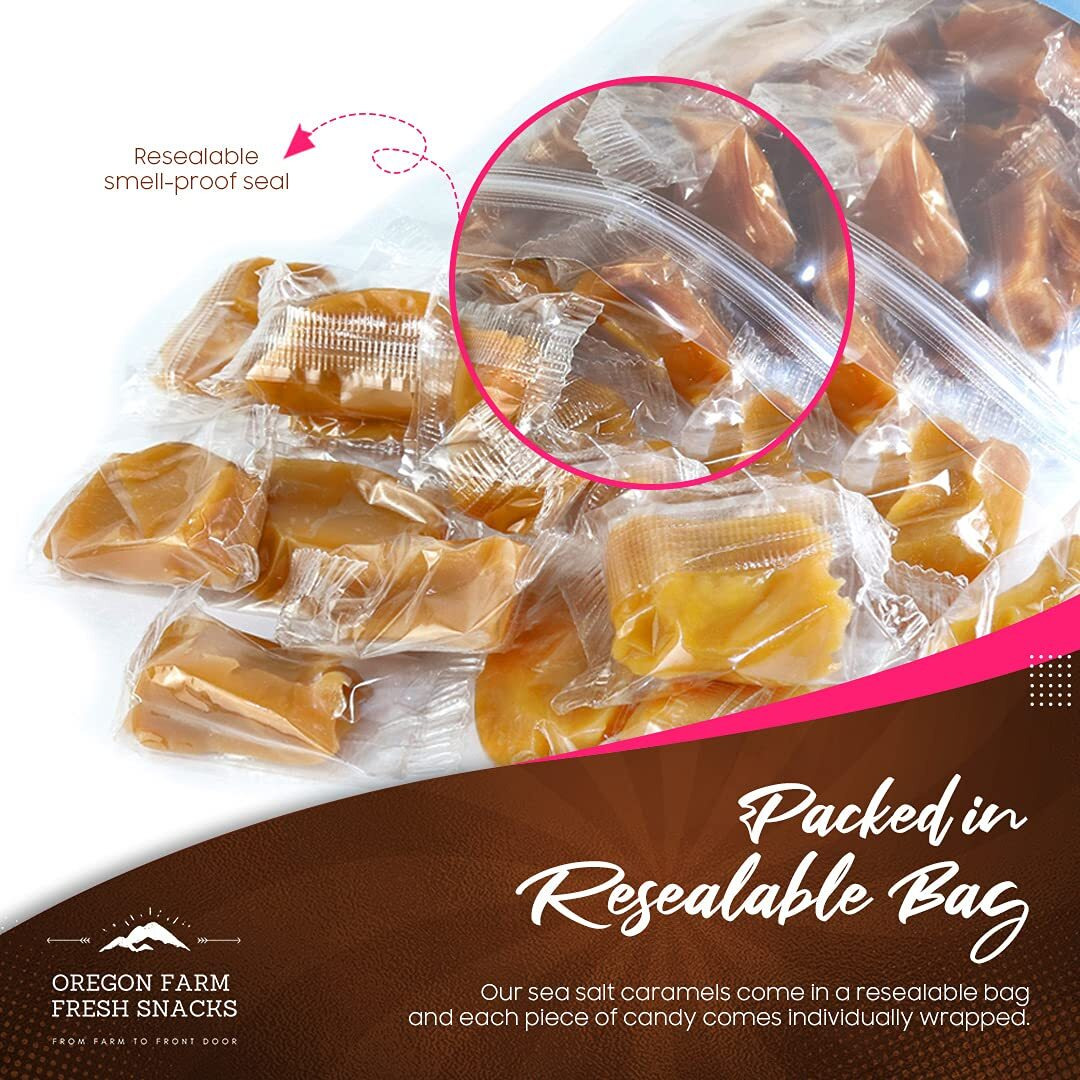 Oregon Farm Fresh Snacks Salted Caramel Gourmet Candy - Oregon Made Caramel Candy With Sea Salt And Vanilla - Gluten Free Delicious Chewy Sea Salt Caramels - Soft Caramels Individually Wrapped (16 Oz)