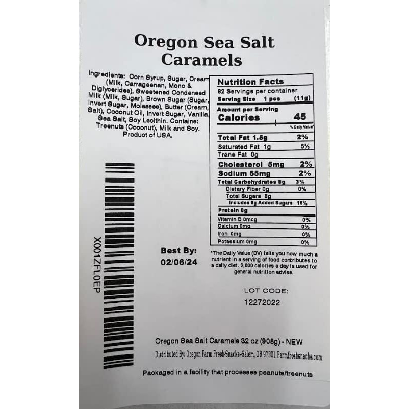 Oregon Farm Fresh Snacks Salted Caramel Gourmet Candy - Oregon Made Caramel Candy With Sea Salt And Vanilla - Gluten Free Delicious Chewy Sea Salt Caramels - Soft Caramels Individually Wrapped (16 Oz)