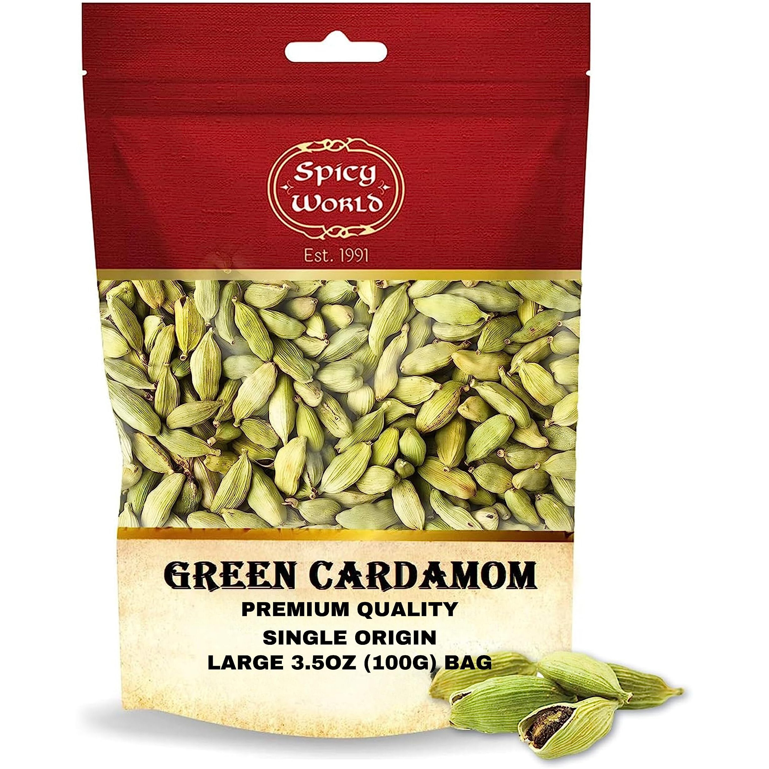 Spicy World Green Cardamom Pods 3.5 Oz - As Seen On Tik Tok - Premium Quality Whole Green Cardamom Pods | Vegan | Large | Aromatic Cardamon