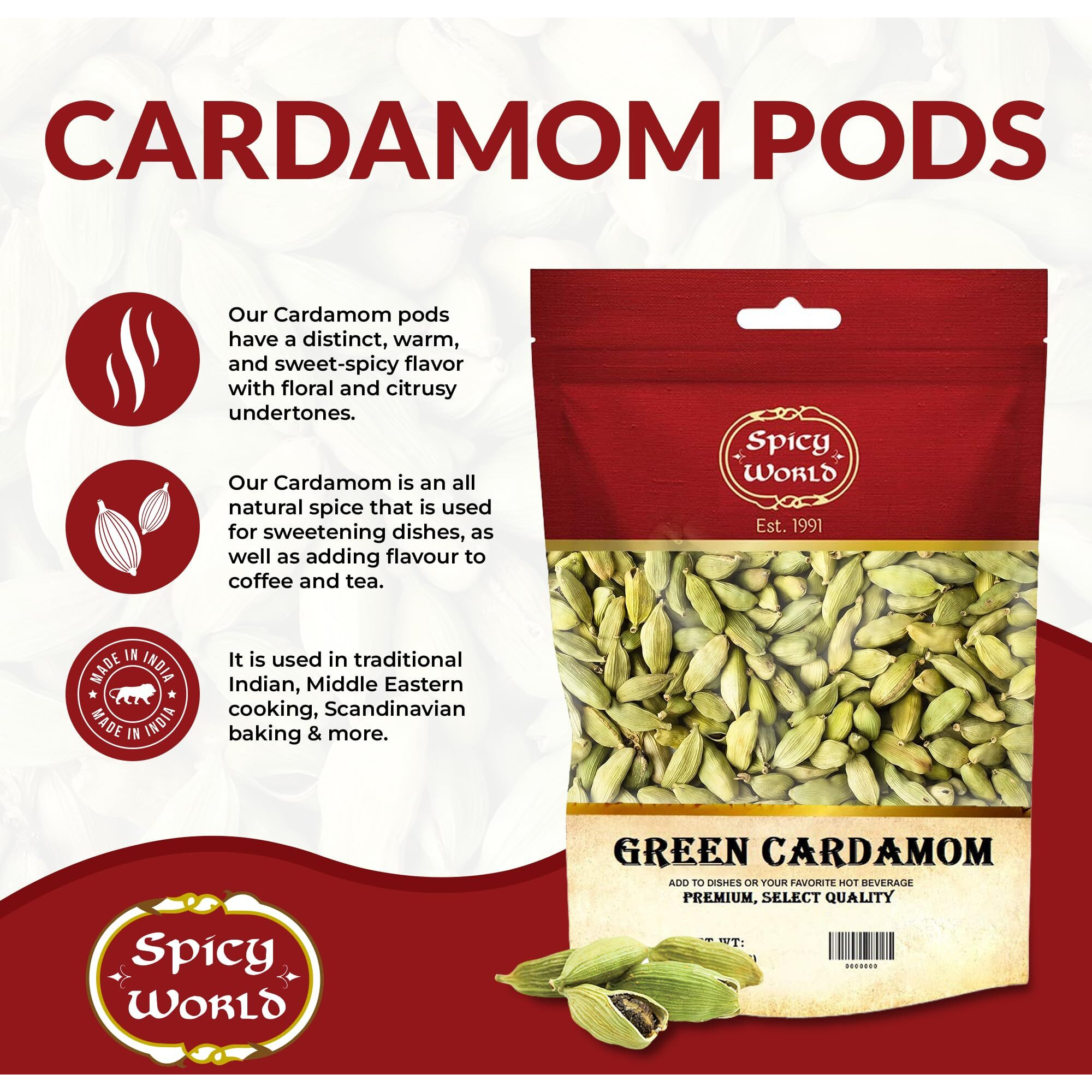 Spicy World Green Cardamom Pods 3.5 Oz - As Seen On Tik Tok - Premium Quality Whole Green Cardamom Pods | Vegan | Large | Aromatic Cardamon
