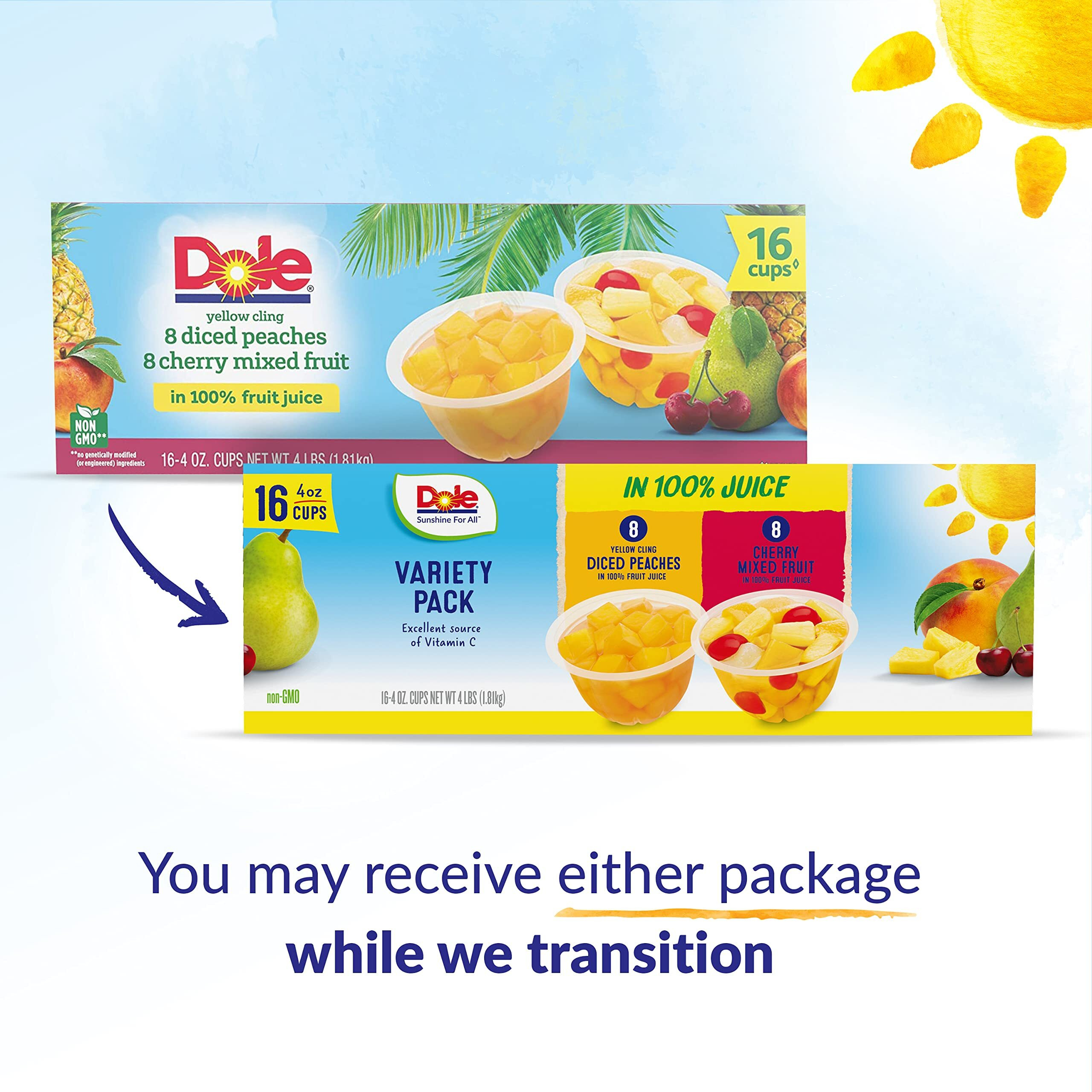 Dole Fruit Bowls, Diced Peaches And Cherry Mixed Fruit Variety Pack Snacks, 4Oz 16 Total Cups, Gluten & Dairy Free, Bulk Lunch Snacks For Kids & Adults