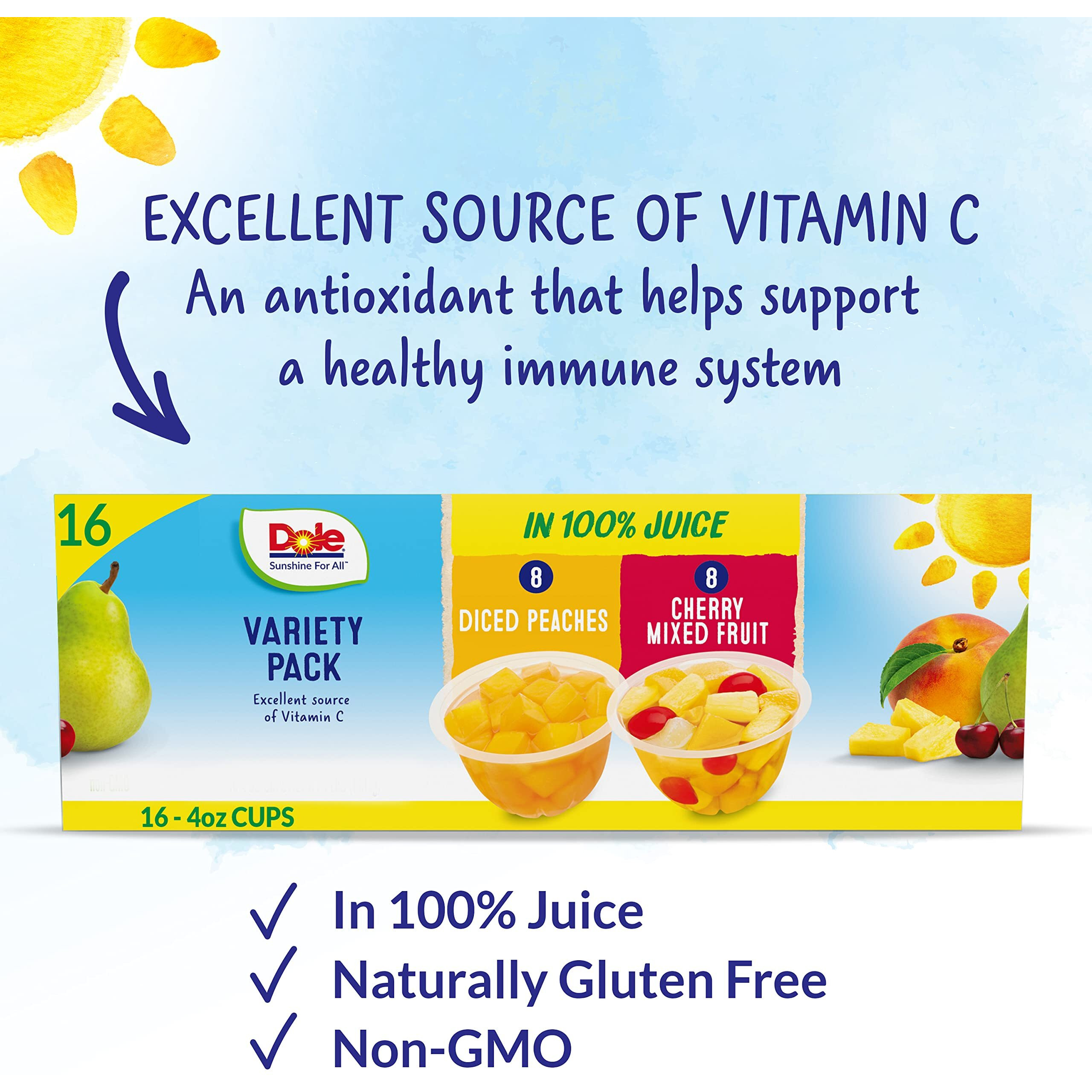 Dole Fruit Bowls, Diced Peaches And Cherry Mixed Fruit Variety Pack Snacks, 4Oz 16 Total Cups, Gluten & Dairy Free, Bulk Lunch Snacks For Kids & Adults