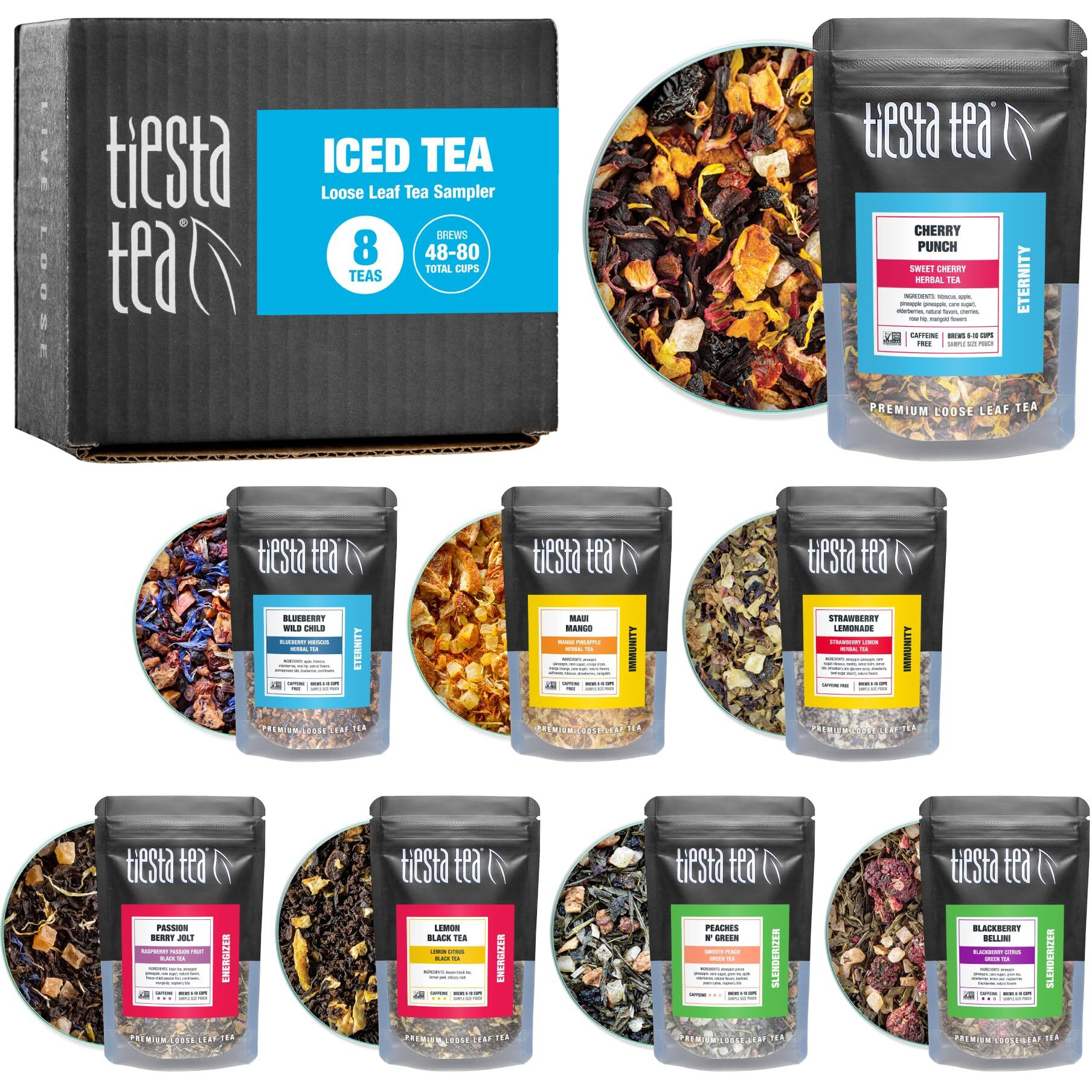 Tiesta Tea - Iced Tea Sampler Set, High To No Caffeine, Loose Leaf Variety Pack With 5 Base Flavors & 3 Assorted Flavors - 8 Resealable Sample Pouches