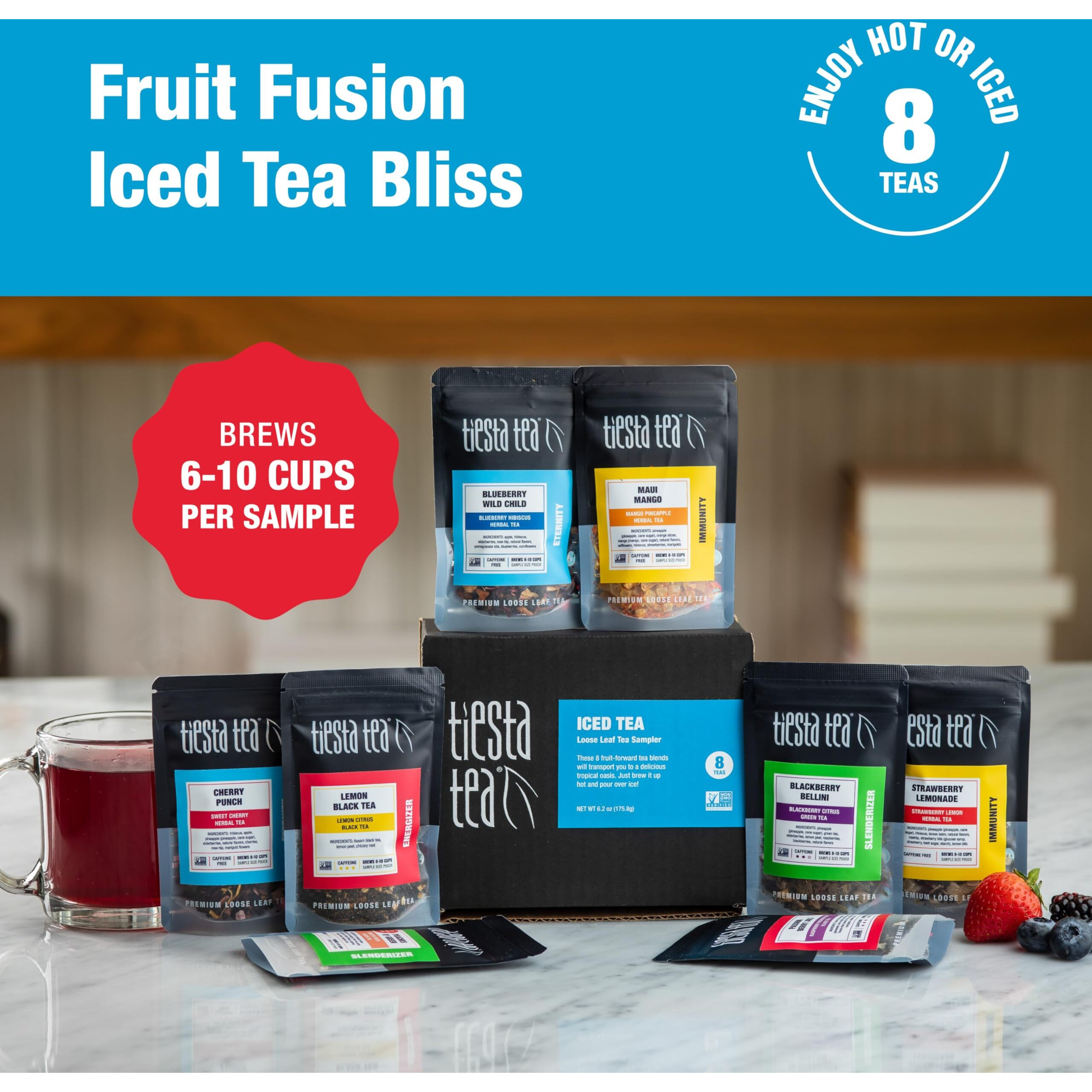 Tiesta Tea - Iced Tea Sampler Set, High To No Caffeine, Loose Leaf Variety Pack With 5 Base Flavors & 3 Assorted Flavors - 8 Resealable Sample Pouches