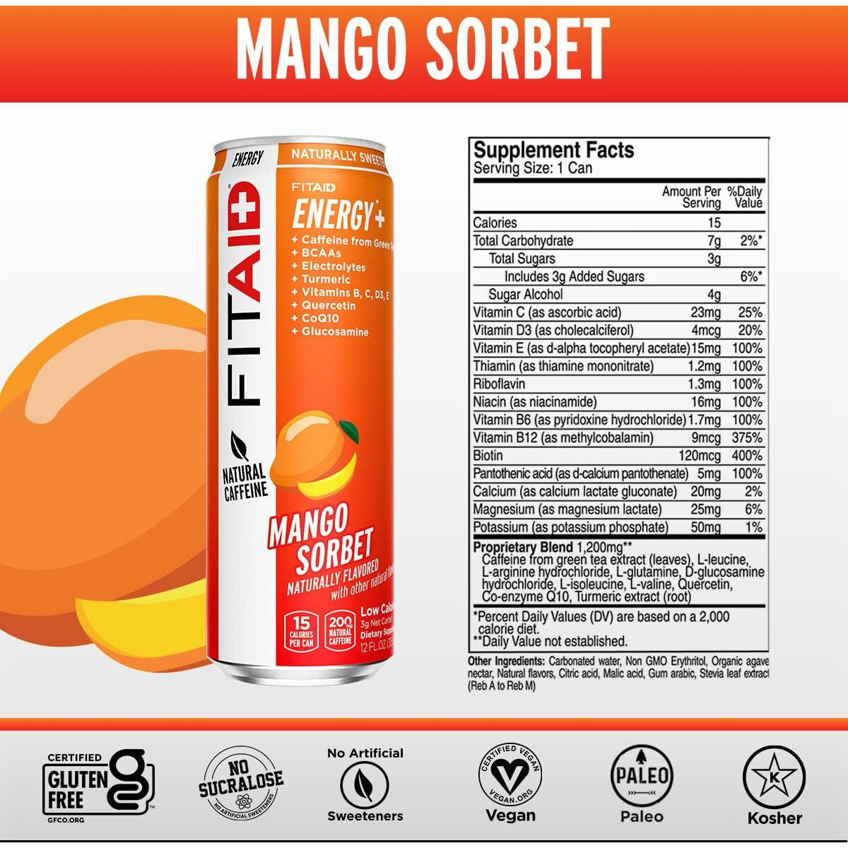 Fitaid Energy, 200Mg Natural Caffeine, Keto, Mango Sorbet, Optimum Performance Formula Bcaas, Quercetin, Electrolytes, Omega-3S, 15 Calories, Paleo, Vegan & Gluten-Free 12 Fl Oz (Pack Of 12)