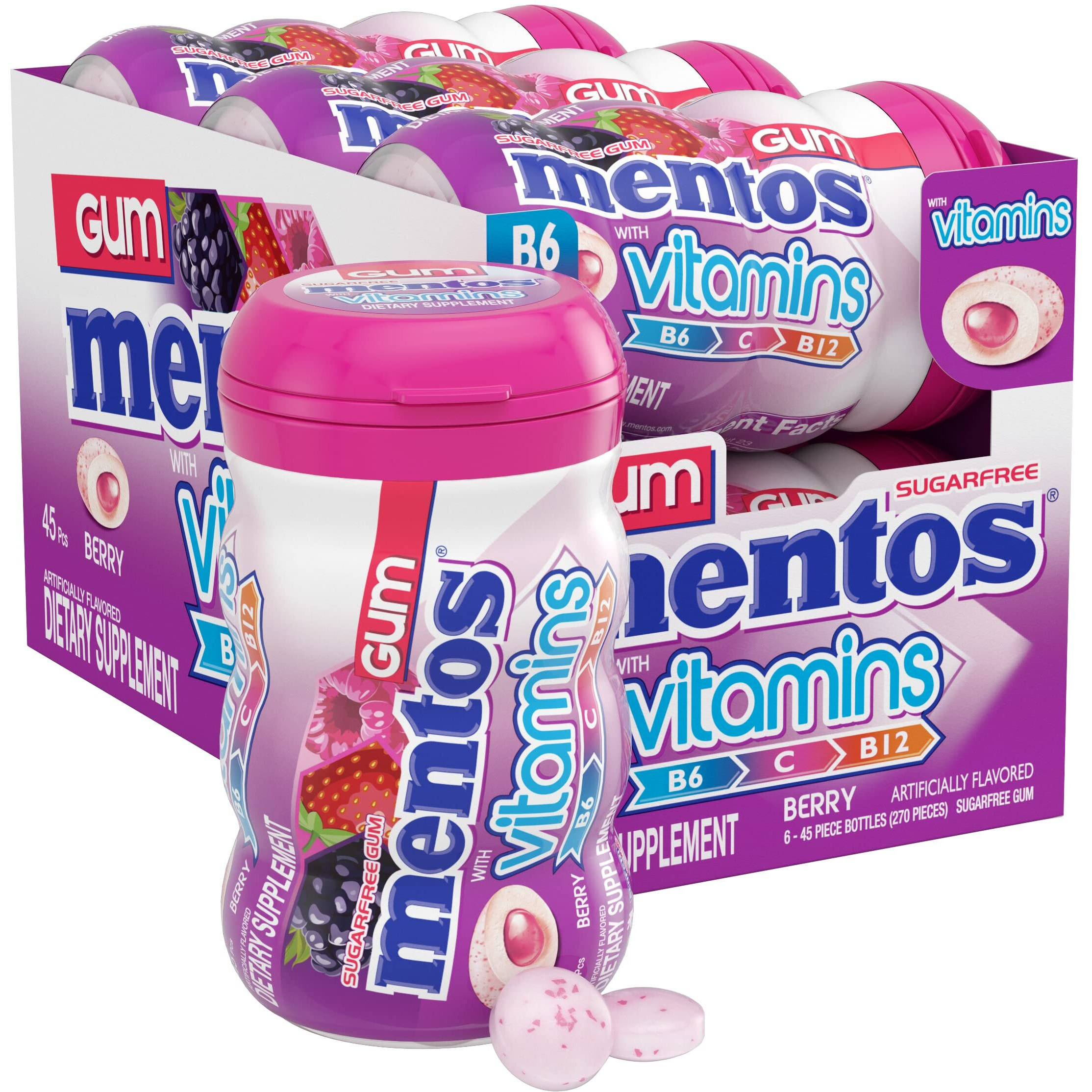 Mentos Vitamins Gum, Sugar Free Gum With Vitamins And Xylitol Sweetener, Berry, 45 Count Bottle, 6 Bottles
