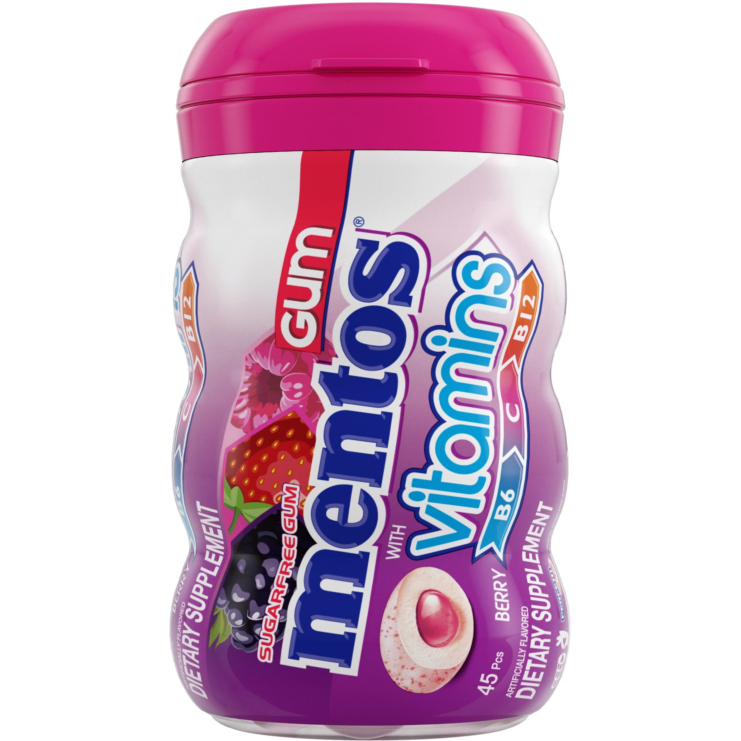 Mentos Vitamins Gum, Sugar Free Gum With Vitamins And Xylitol Sweetener, Berry, 45 Count Bottle, 6 Bottles