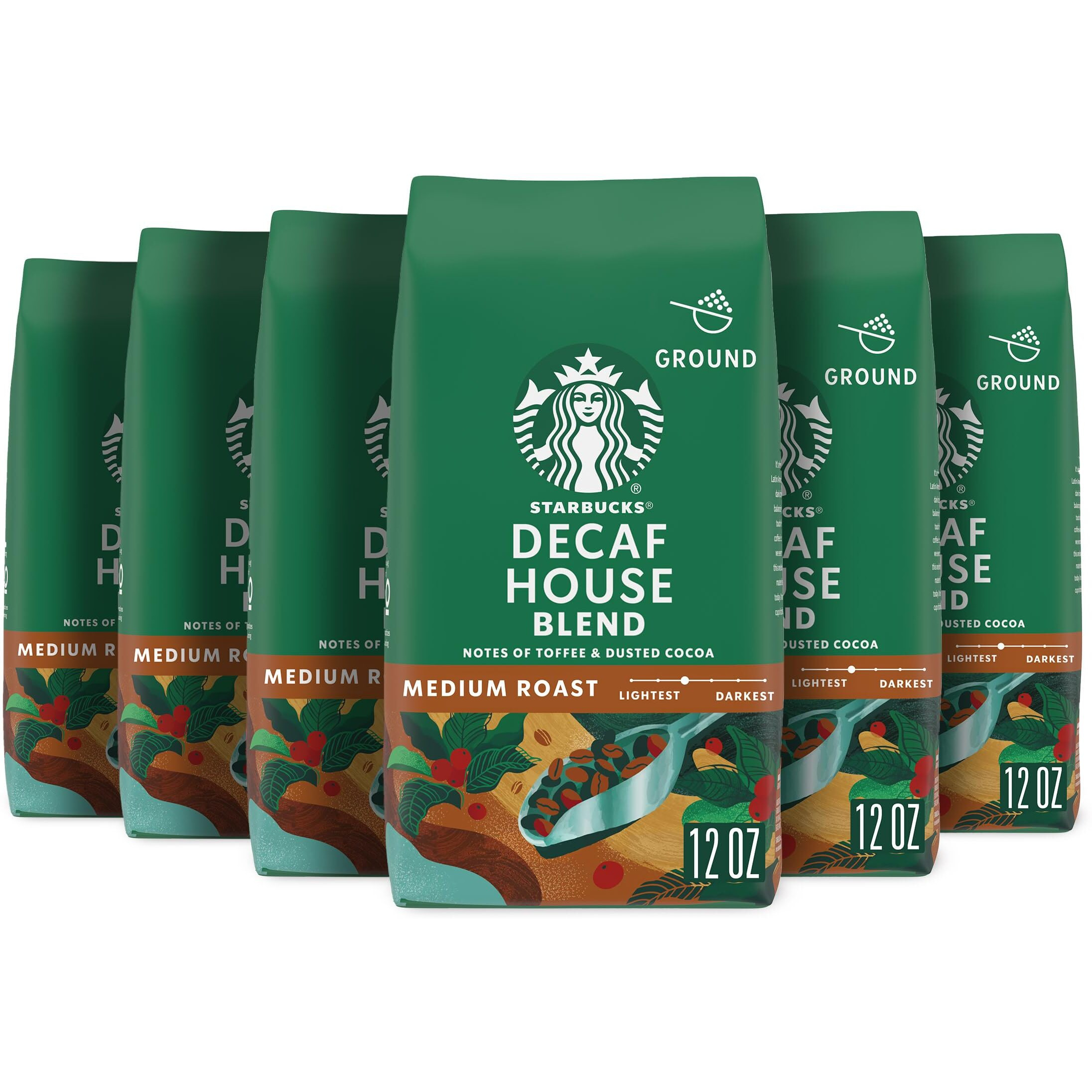 Starbucks Ground Coffee, Medium Roast Coffee, Decaf House Blend, 100% Arabica, 6 Bags (12 Oz Each)