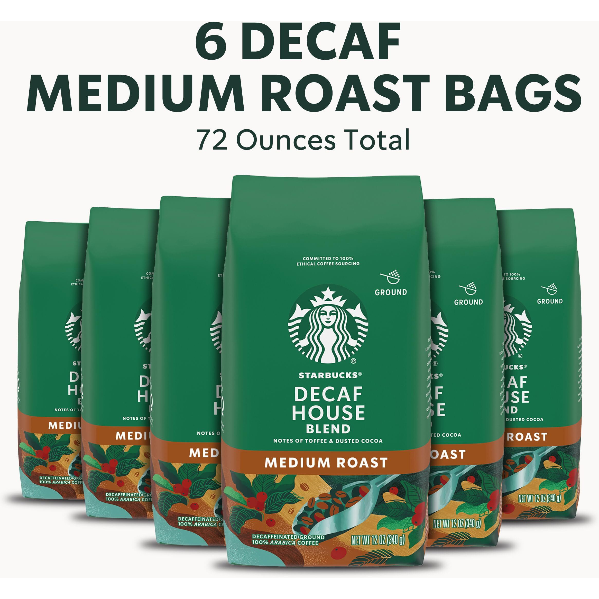 Starbucks Ground Coffee, Medium Roast Coffee, Decaf House Blend, 100% Arabica, 6 Bags (12 Oz Each)