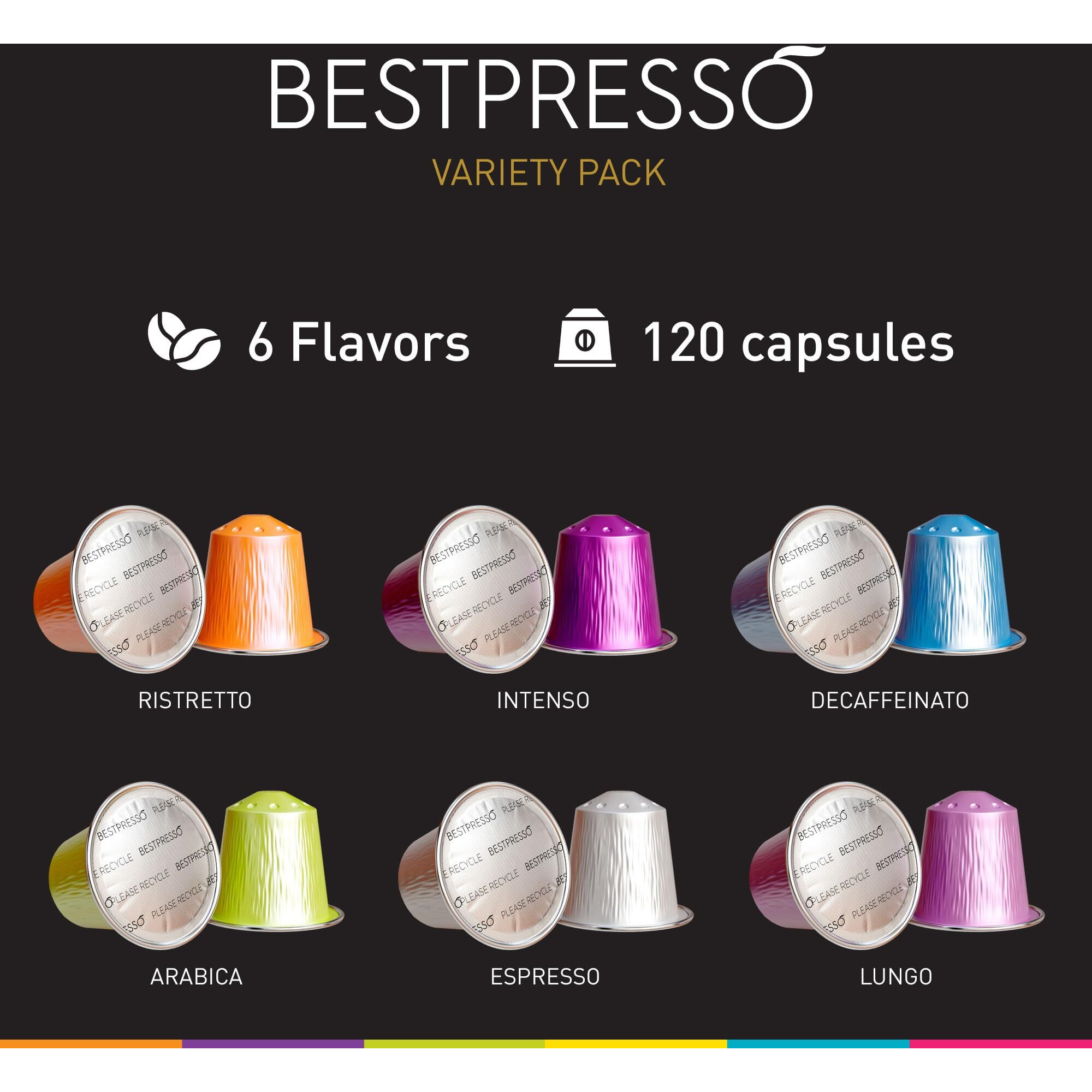 Bestpresso Coffee For Nespresso Original Machine 120 Pods Certified Genuine Espresso Variety Pack Includes One Pack Of Decaf Coffee, Pods Compatible With Nespresso Original